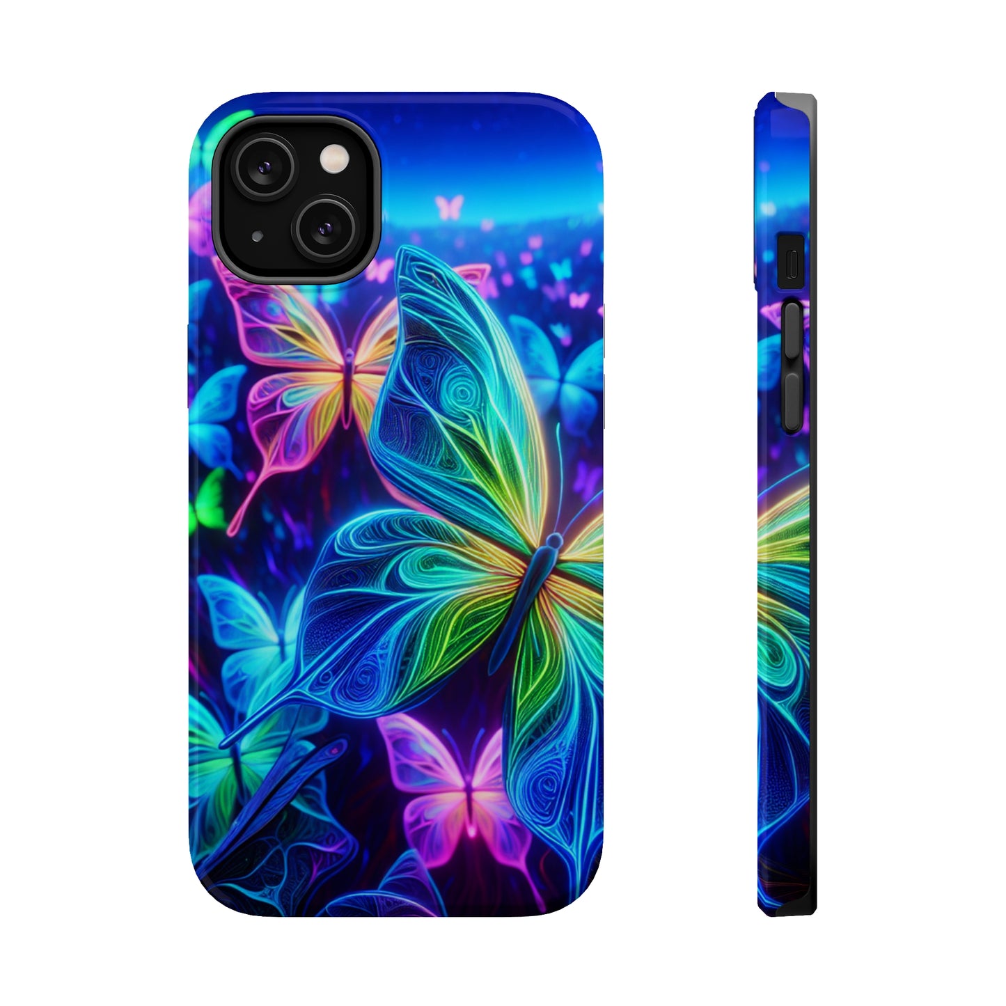 'Serene Spectacle of Neon Butterflies' Neon Butterflies Premium Art Magsafe Magnet Tough IPhone 13 14 15 Pro Plus Max and Mini in Matte and Glossy Phone cases