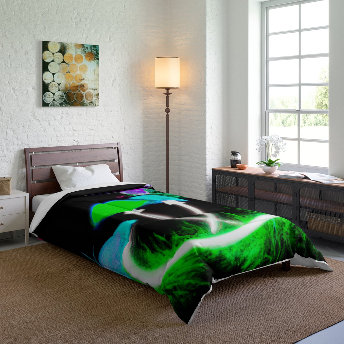 "Vibrant Neon Fantasy". Butterflies & Mushrooms Comforter Blanket