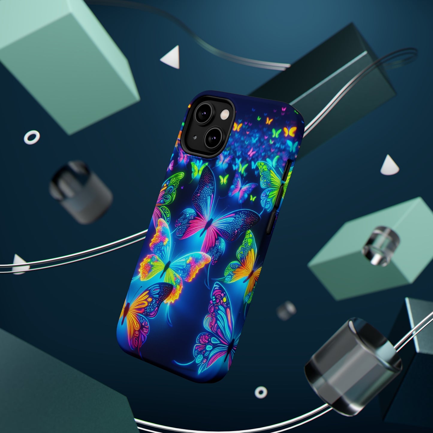 "Atmospheric Fluorescence" Neon Butterflies Premium Art Magsafe Magnet Tough IPhone 13 14 15 Pro Plus Max and Mini in Matte and Glossy Phone cases