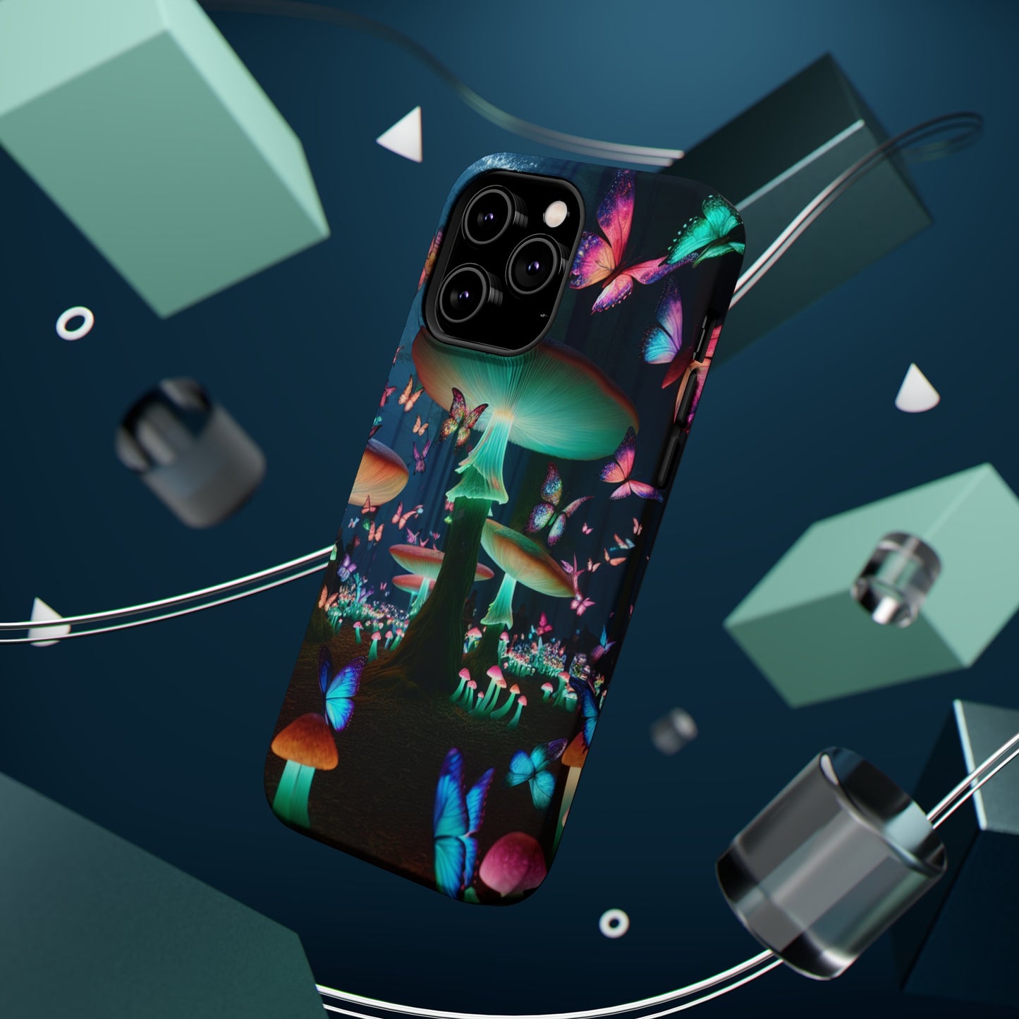 Neon Garden Delight. Neon Butterflies and Mushrooms Premium Art Magsafe Magnet Tough IPhone 13 14 15 Pro Plus Max and Mini in Matte and Glossy Phone cases