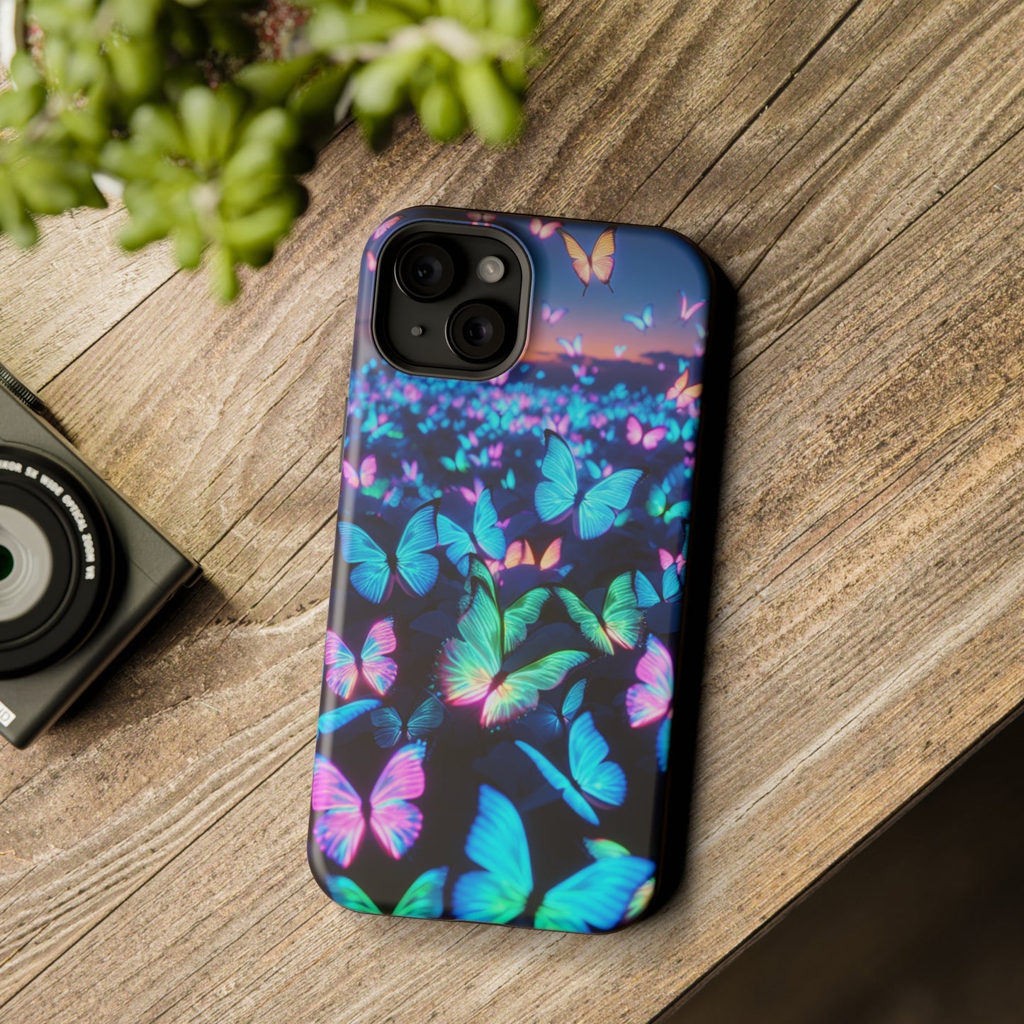 "Fantasia of Neon Butterflies" Neon Butterflies Premium Art Magsafe Magnet Tough IPhone 13 14 15 Pro Plus Max and Mini in Matte and Glossy Phone cases