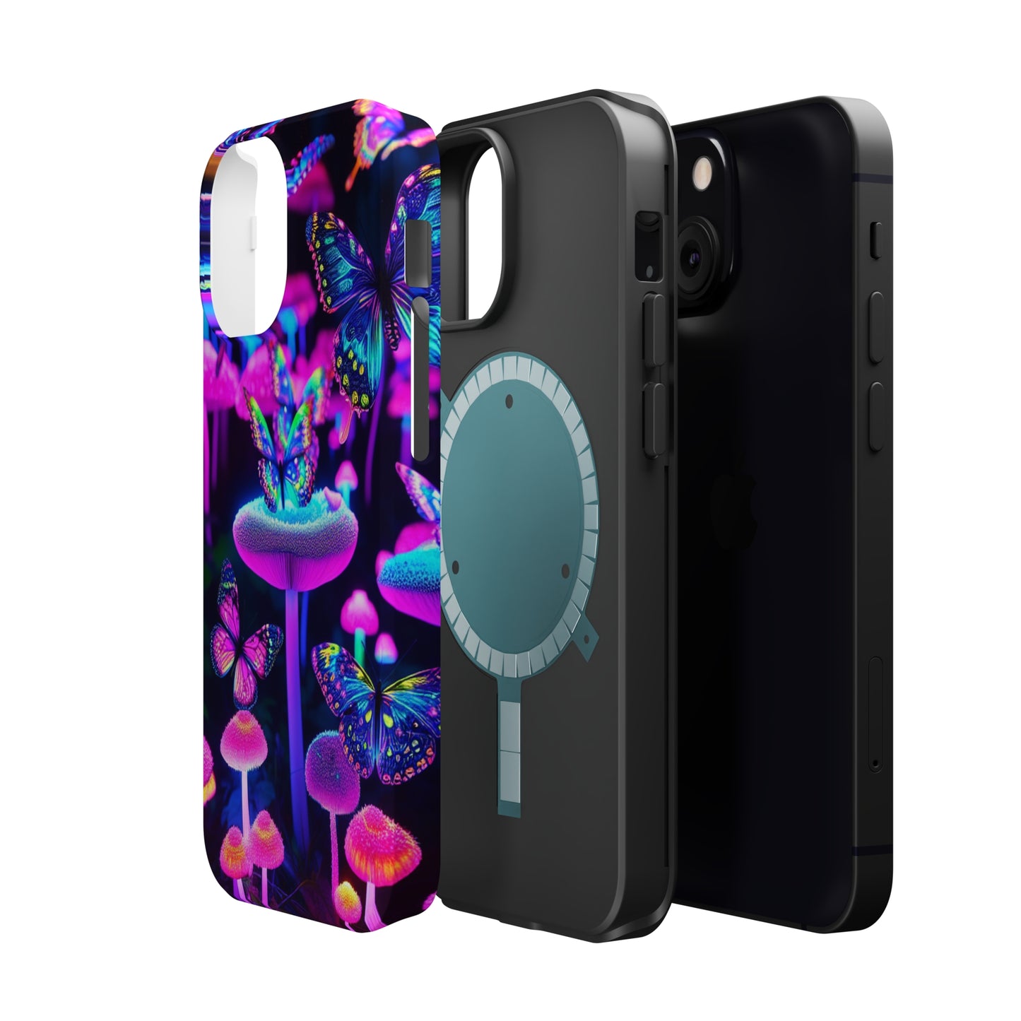 "Neon Gloomsprite Dance" Neon Butterflies and Mushrooms Premium Art Magsafe Magnet Tough IPhone 13 14 15 Pro Plus Max and Mini in Matte and Glossy Phone cases