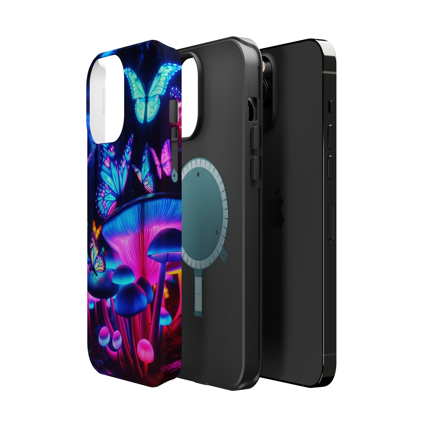 Neon Fantasy Garden Neon Butterflies and Mushrooms Premium Art Magsafe Magnet Tough IPhone 13 14 15 Pro Plus Max and Mini in Matte and Glossy Phone cases