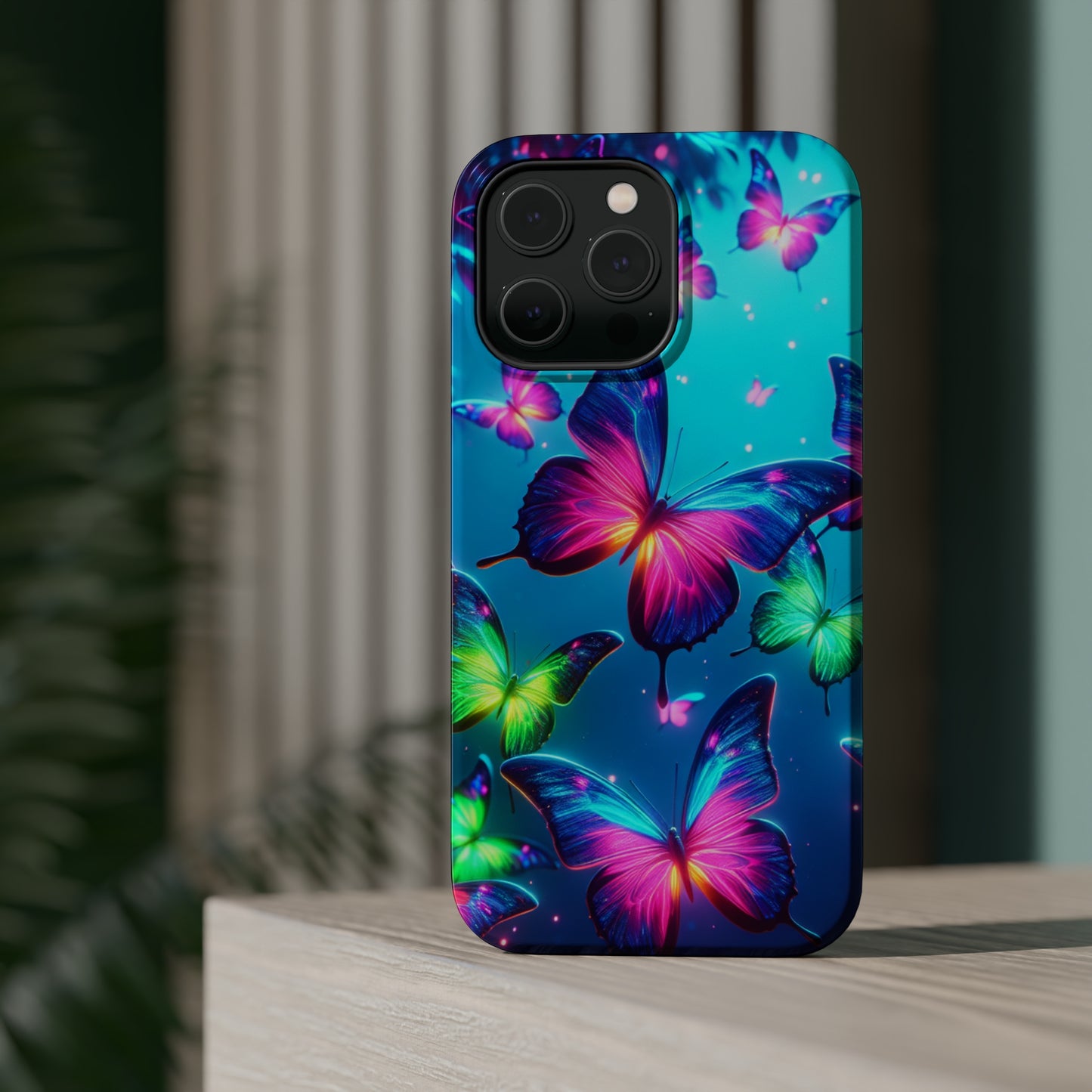 Vivid Glinting Neon Butterflies Neon Butterflies Premium Art Magsafe Magnet Tough IPhone 13 14 15 Pro Plus Max and Mini in Matte and Glossy Phone cases