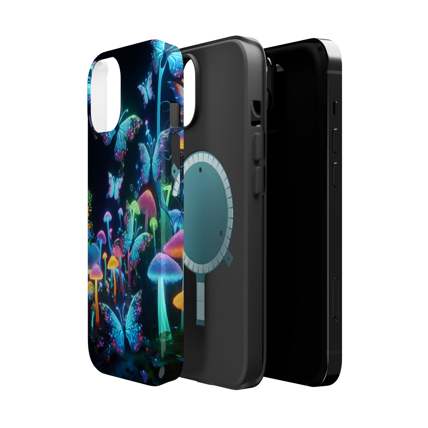 "Neon Dreamscape" Neon Butterflies and Mushrooms Premium Art Magsafe Magnet Tough IPhone 13 14 15 Pro Plus Max and Mini in Matte and Glossy Phone cases