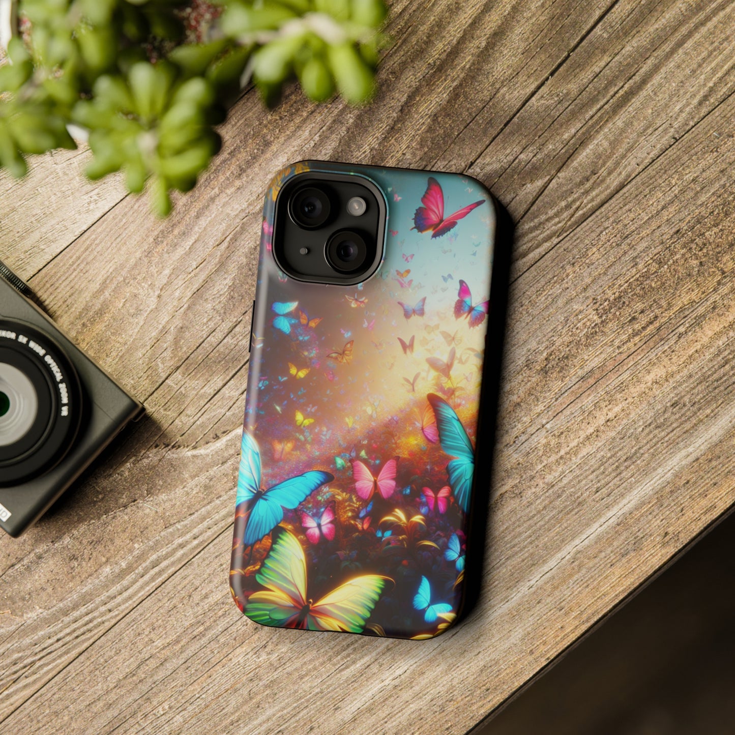 "Neon Butterfly Blooms" Neon Butterflies Premium Art Magsafe Magnet Tough IPhone 13 14 15 Pro Plus Max and Mini in Matte and Glossy Phone cases
