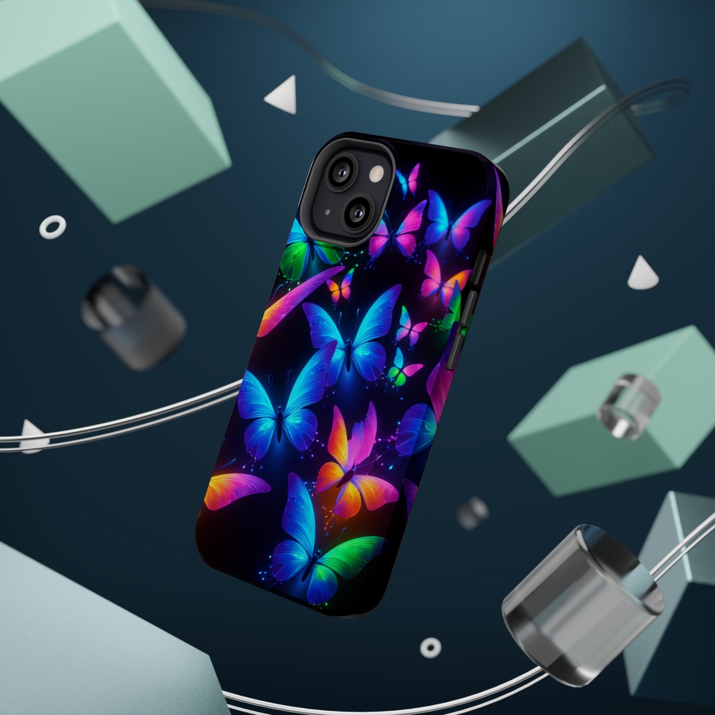 "Vibrant Neon Flutter" Neon Butterflies Premium Art Magsafe Magnet Tough IPhone 13 14 15 Pro Plus Max and Mini in Matte and Glossy Phone cases
