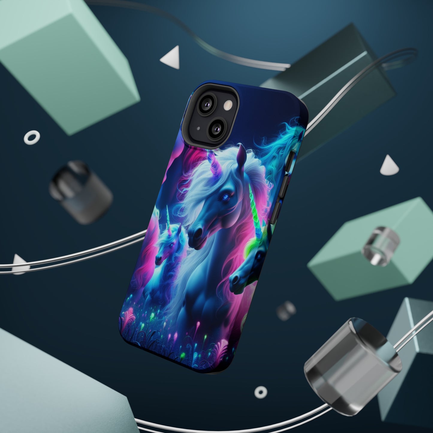 "Unicorn Flux-scape" Neon Unicorns Premium Art Magsafe Magnet Tough IPhone 13 14 15 Pro Plus Max and Mini in Matte and Glossy Phone cases
