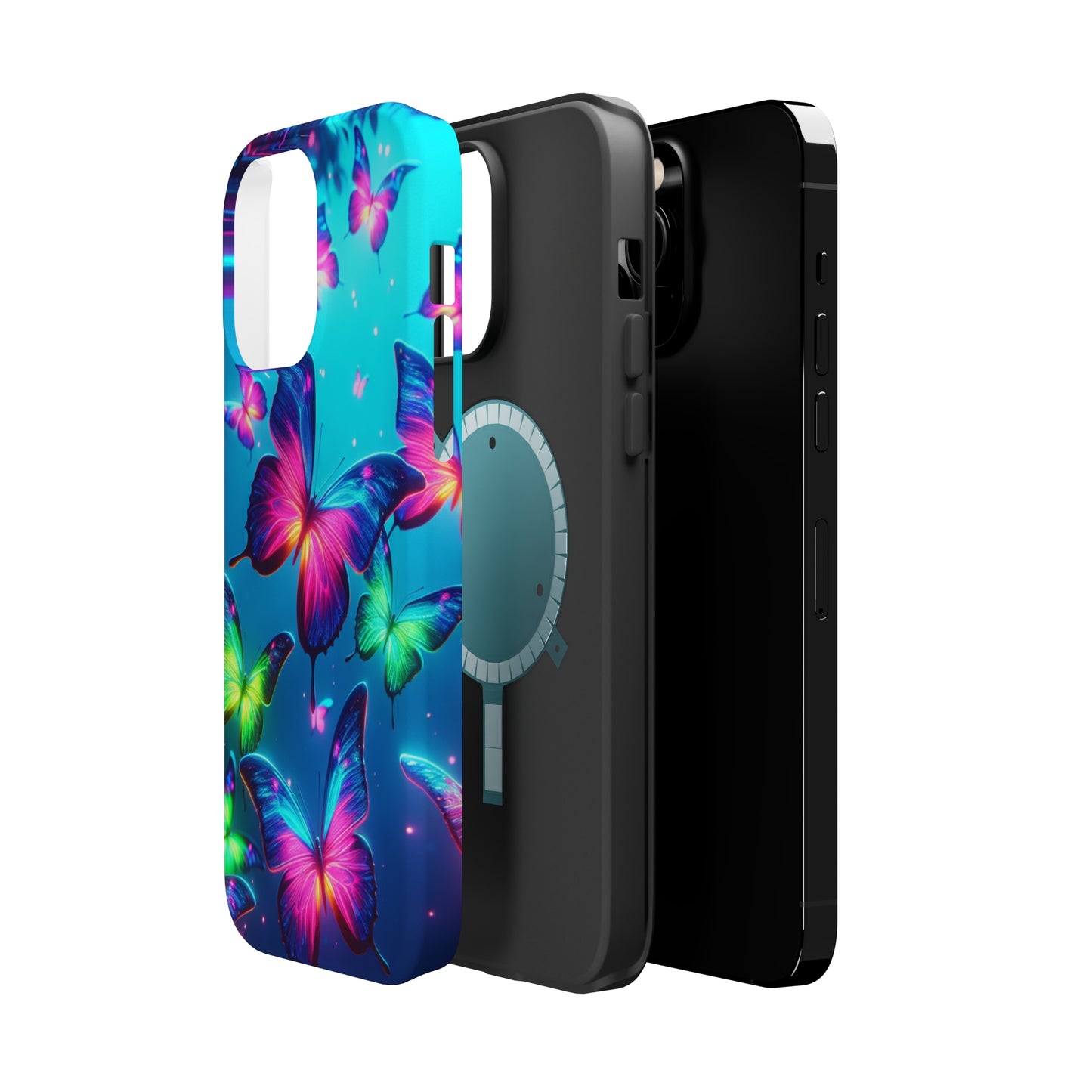 Vivid Glinting Neon Butterflies Neon Butterflies Premium Art Magsafe Magnet Tough IPhone 13 14 15 Pro Plus Max and Mini in Matte and Glossy Phone cases