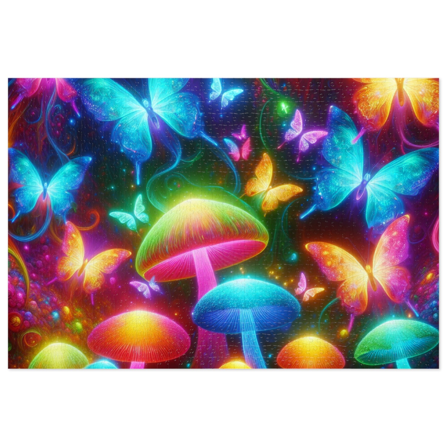 Neon Fluttergleam. - Neon Butterflies and Mushrooms Puzzle 30, 110, 252, and 1000 Pieces