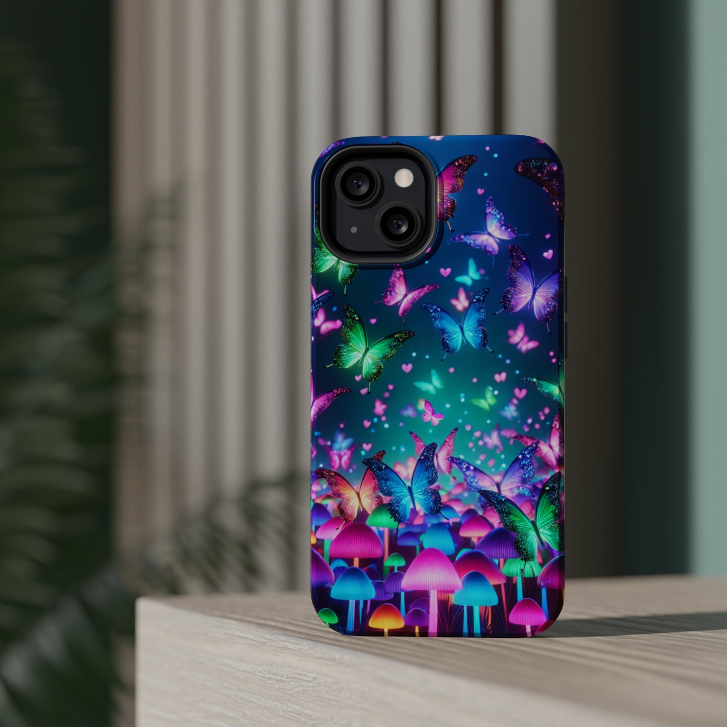 Neon Eden. Neon Butterflies and Mushrooms Premium Art Magsafe Magnet Tough IPhone 13 14 15 Pro Plus Max and Mini in Matte and Glossy Phone cases