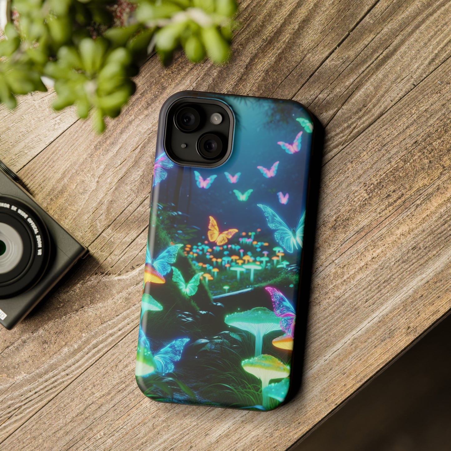 "Neon Meadow" Neon Butterflies and Mushrooms Premium Art Magsafe Magnet Tough IPhone 13 14 15 Pro Plus Max and Mini in Matte and Glossy Phone cases