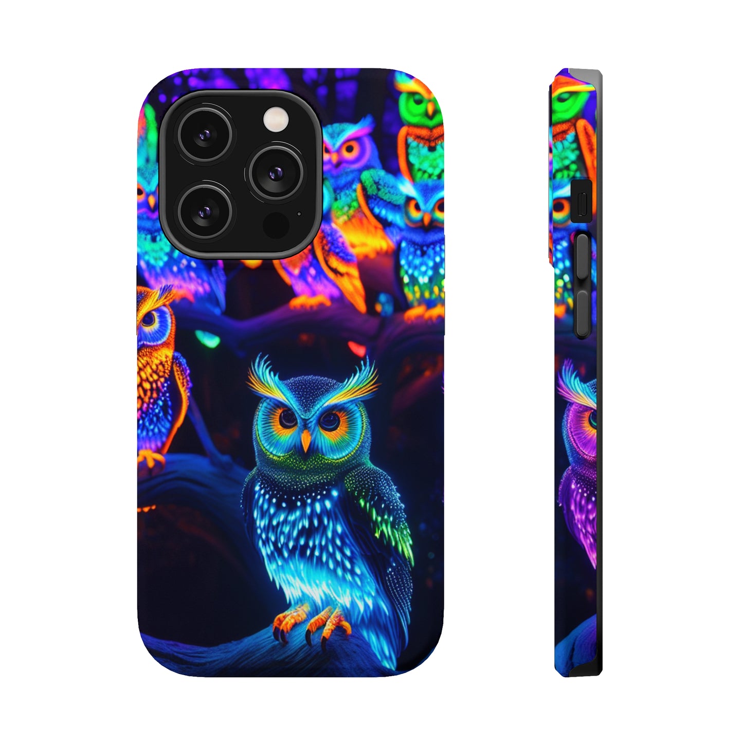 Glowing Neon Clan. Neon Owls Premium Art Magsafe Magnet Tough IPhone 13 14 15 Pro Plus Max and Mini in Matte and Glossy Phone cases
