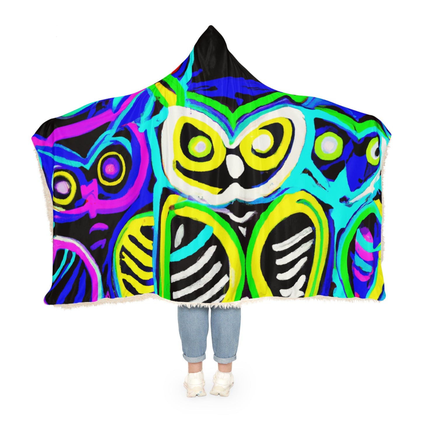 "Owls in Technicolor". - NEON Owls Art Hooded Snuggle Blanket