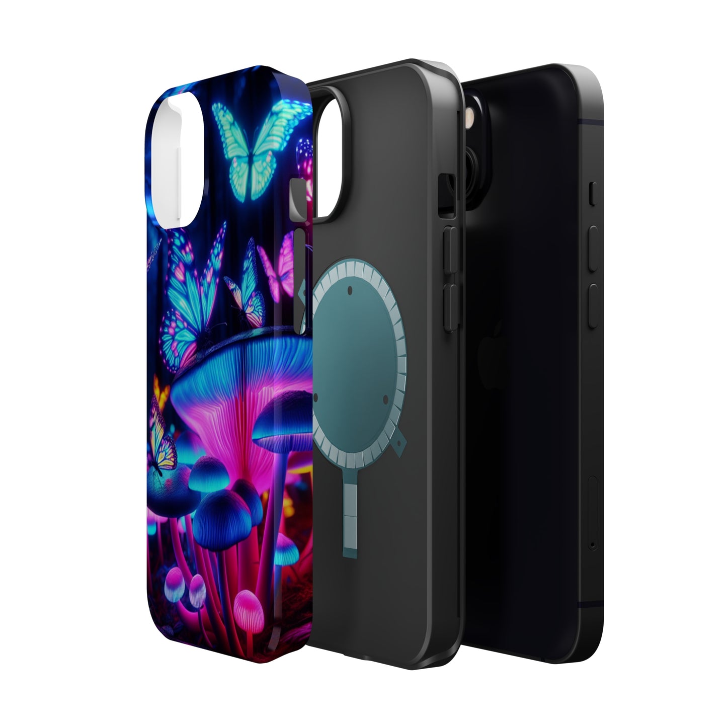 Neon Fantasy Garden Neon Butterflies and Mushrooms Premium Art Magsafe Magnet Tough IPhone 13 14 15 Pro Plus Max and Mini in Matte and Glossy Phone cases