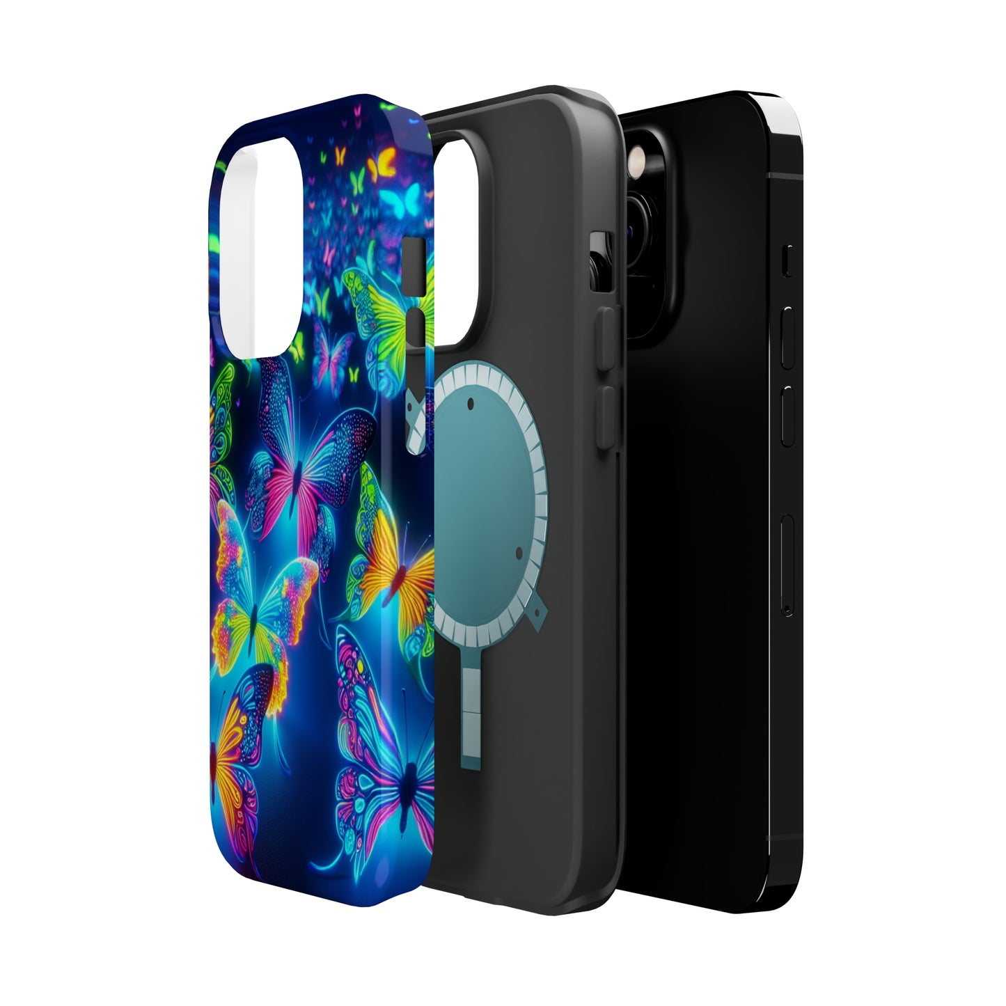 "Atmospheric Fluorescence" Neon Butterflies Premium Art Magsafe Magnet Tough IPhone 13 14 15 Pro Plus Max and Mini in Matte and Glossy Phone cases