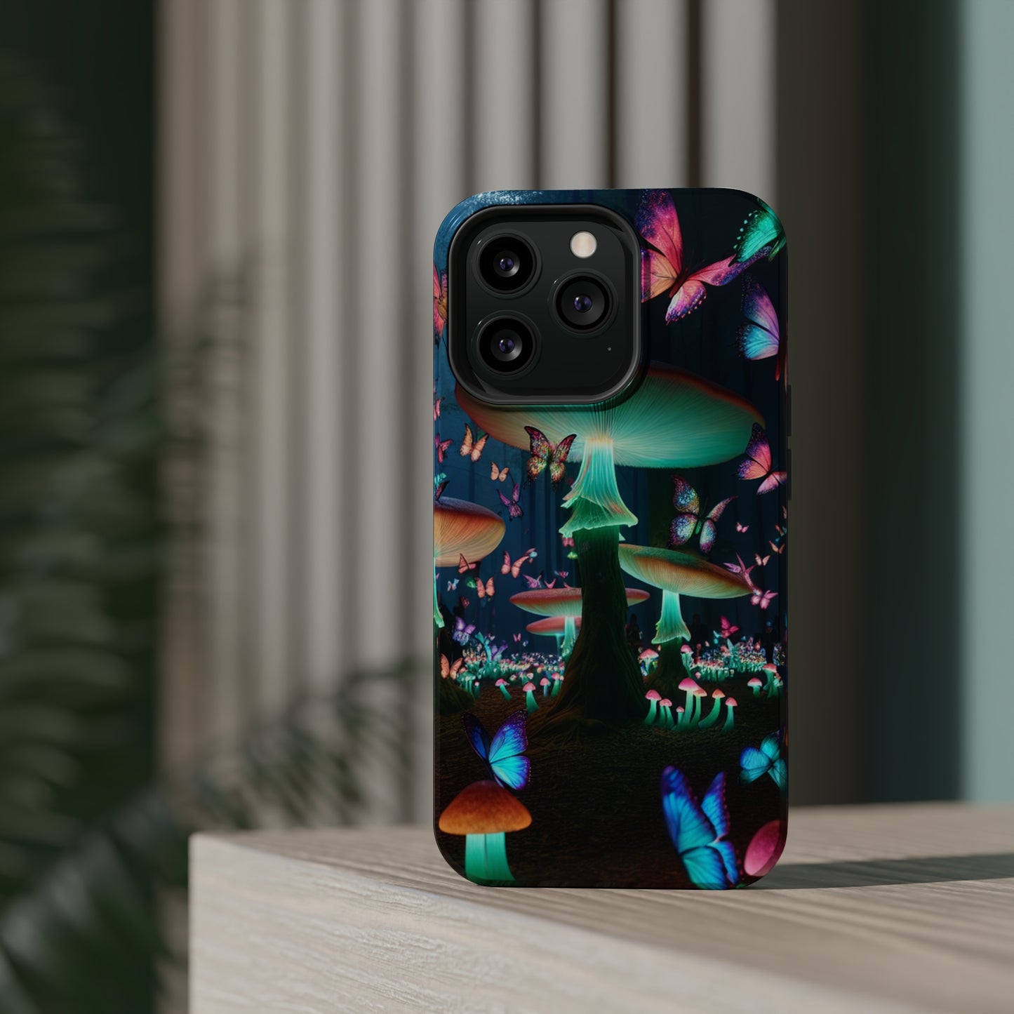 Neon Garden Delight. Neon Butterflies and Mushrooms Premium Art Magsafe Magnet Tough IPhone 13 14 15 Pro Plus Max and Mini in Matte and Glossy Phone cases