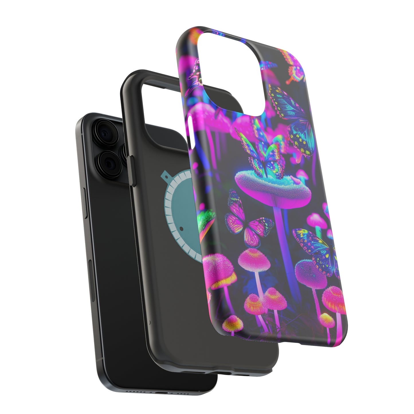 "Neon Gloomsprite Dance" Neon Butterflies and Mushrooms Premium Art Magsafe Magnet Tough IPhone 13 14 15 Pro Plus Max and Mini in Matte and Glossy Phone cases