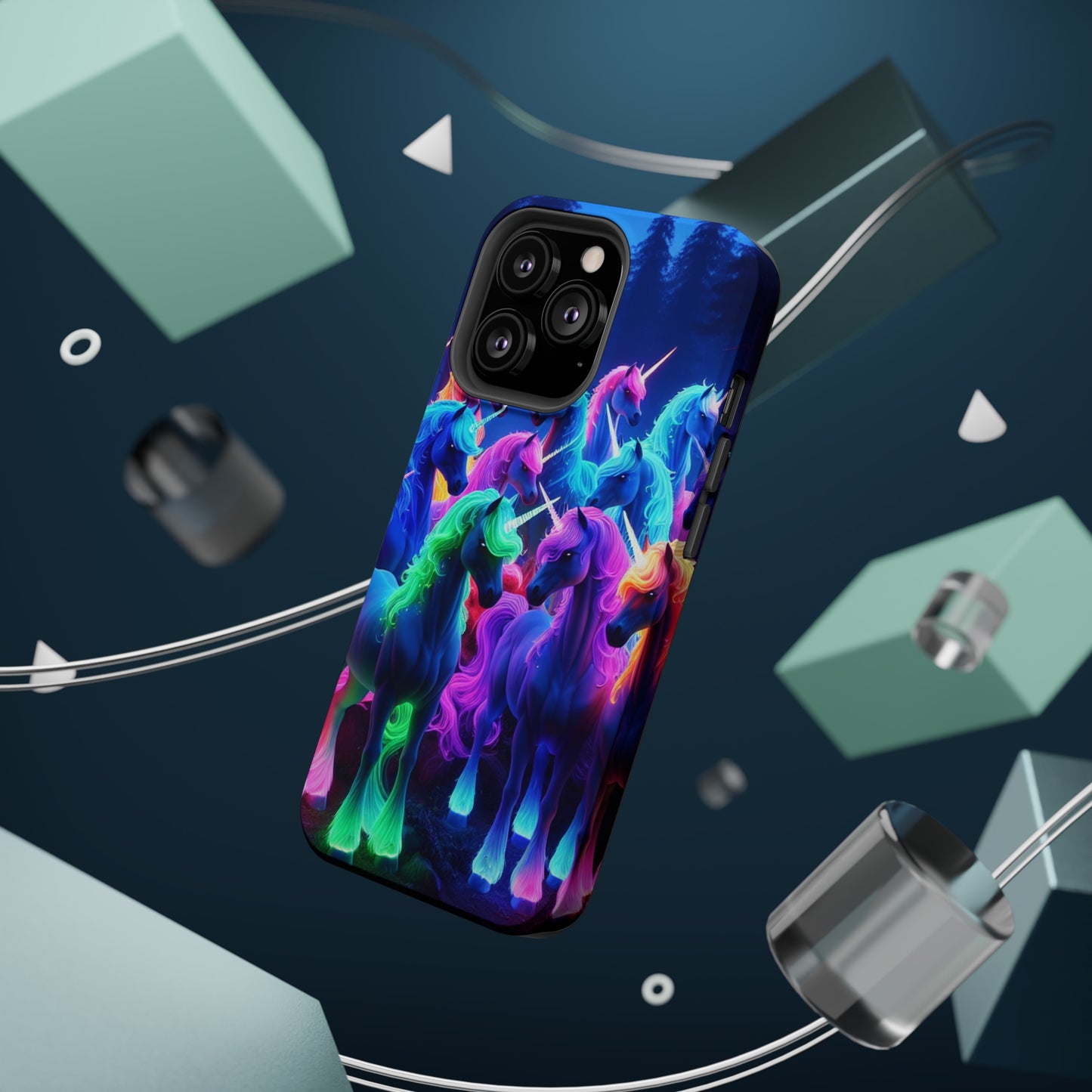 "Neon Fantasyland" Neon Unicorns Premium Art Magsafe Magnet Tough IPhone 13 14 15 Pro Plus Max and Mini in Matte and Glossy Phone cases
