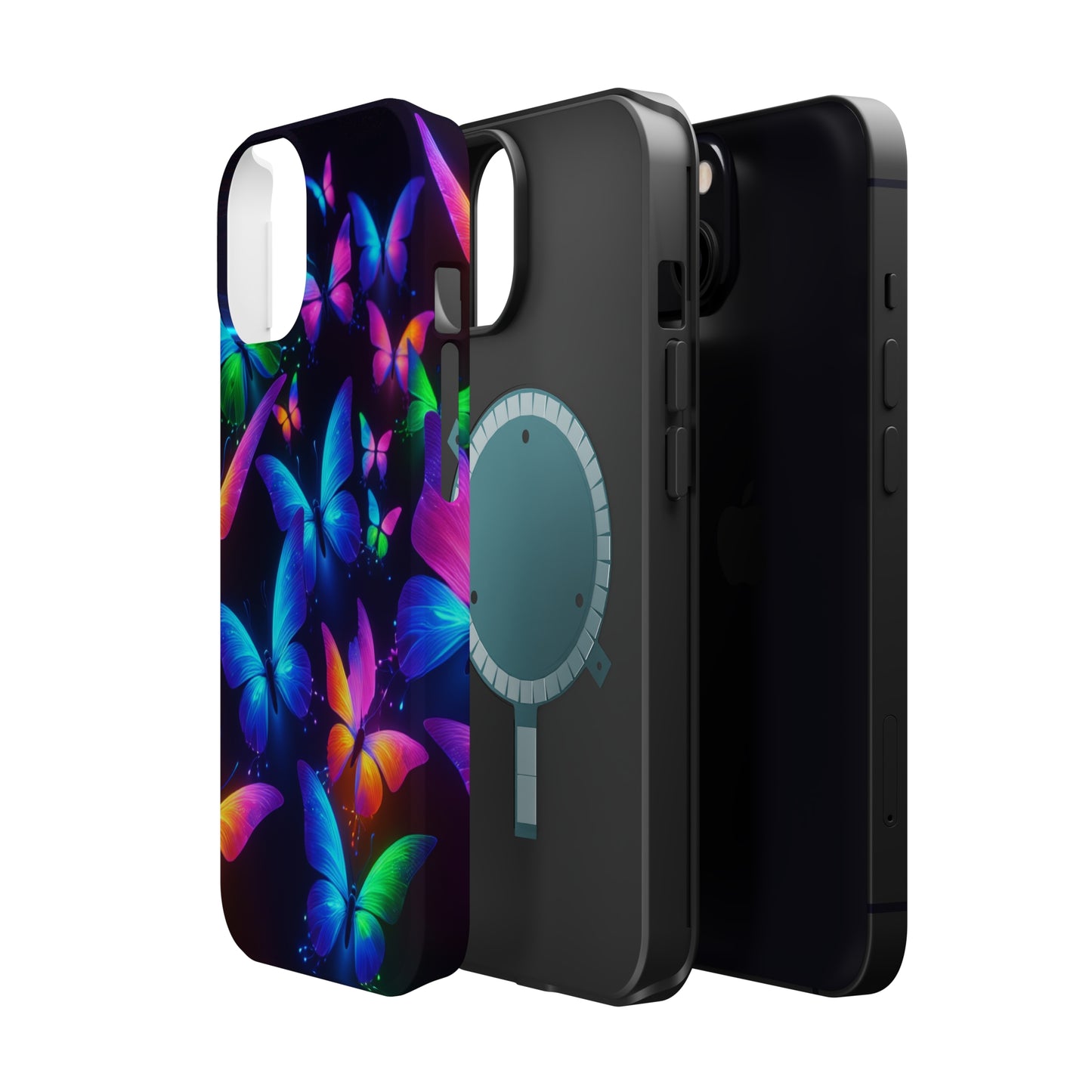 "Vibrant Neon Flutter" Neon Butterflies Premium Art Magsafe Magnet Tough IPhone 13 14 15 Pro Plus Max and Mini in Matte and Glossy Phone cases