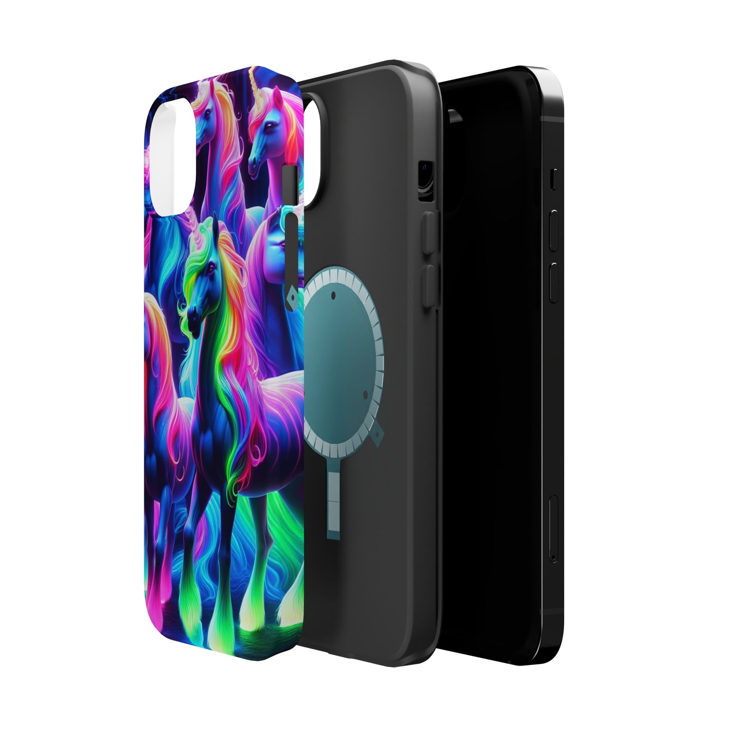 Neon Magic Skies - Unicorn Gang. Neon Unicorns Premium Art Magsafe Magnet Tough IPhone 13 14 15 Pro Plus Max and Mini in Matte and Glossy Phone cases