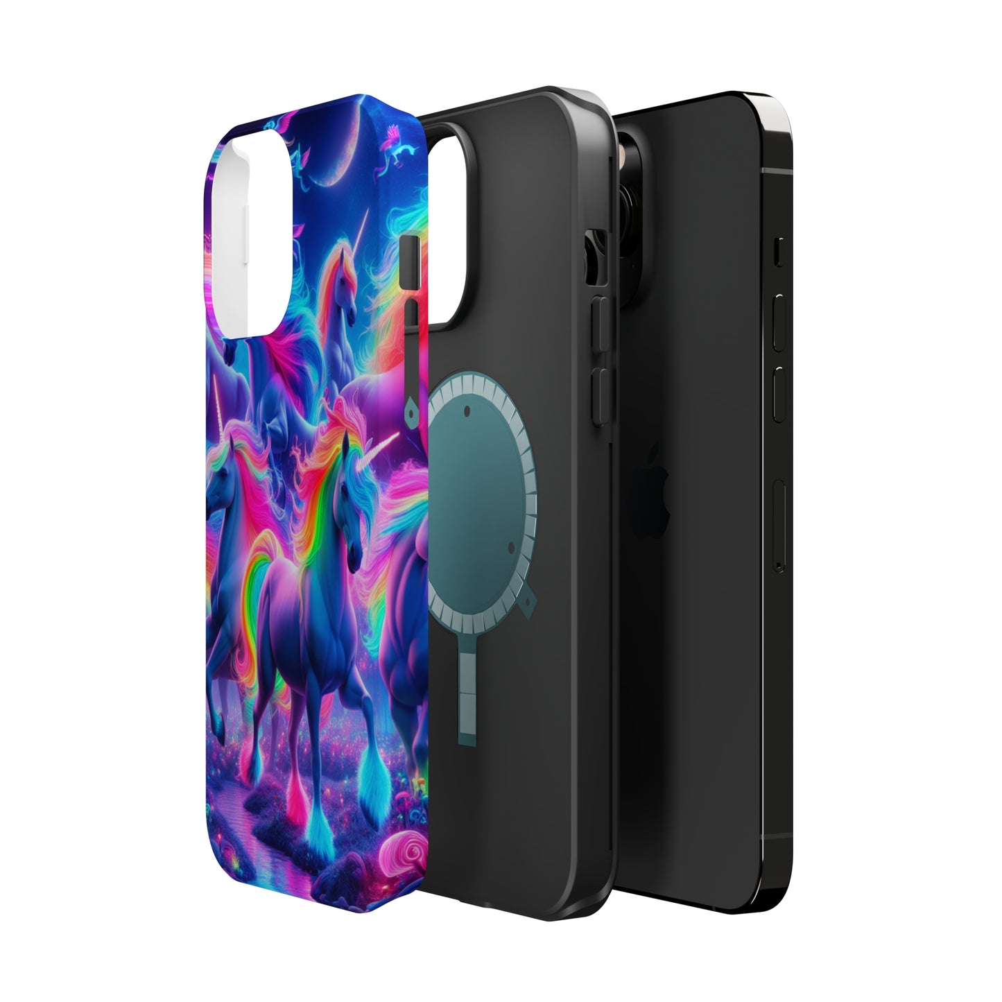 "Unicorn Prism" Neon Unicorns Premium Art Magsafe Magnet Tough IPhone 13 14 15 Pro Plus Max and Mini in Matte and Glossy Phone cases