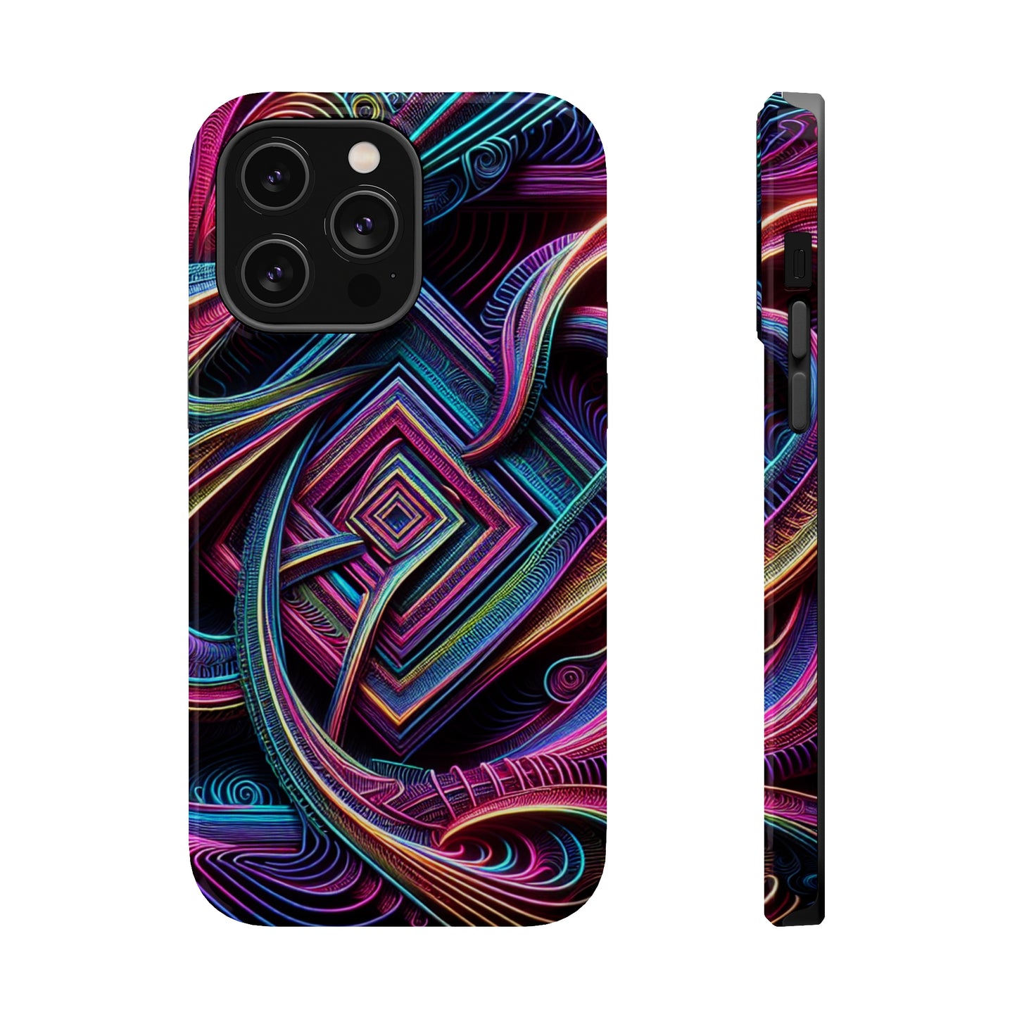 Fluxing Fractalvisage. Neon Trippy Infinity Patterns Premium Art Magsafe Magnet Tough IPhone 13 14 15 Pro Plus Max and Mini in Matte and Glossy Phone cases