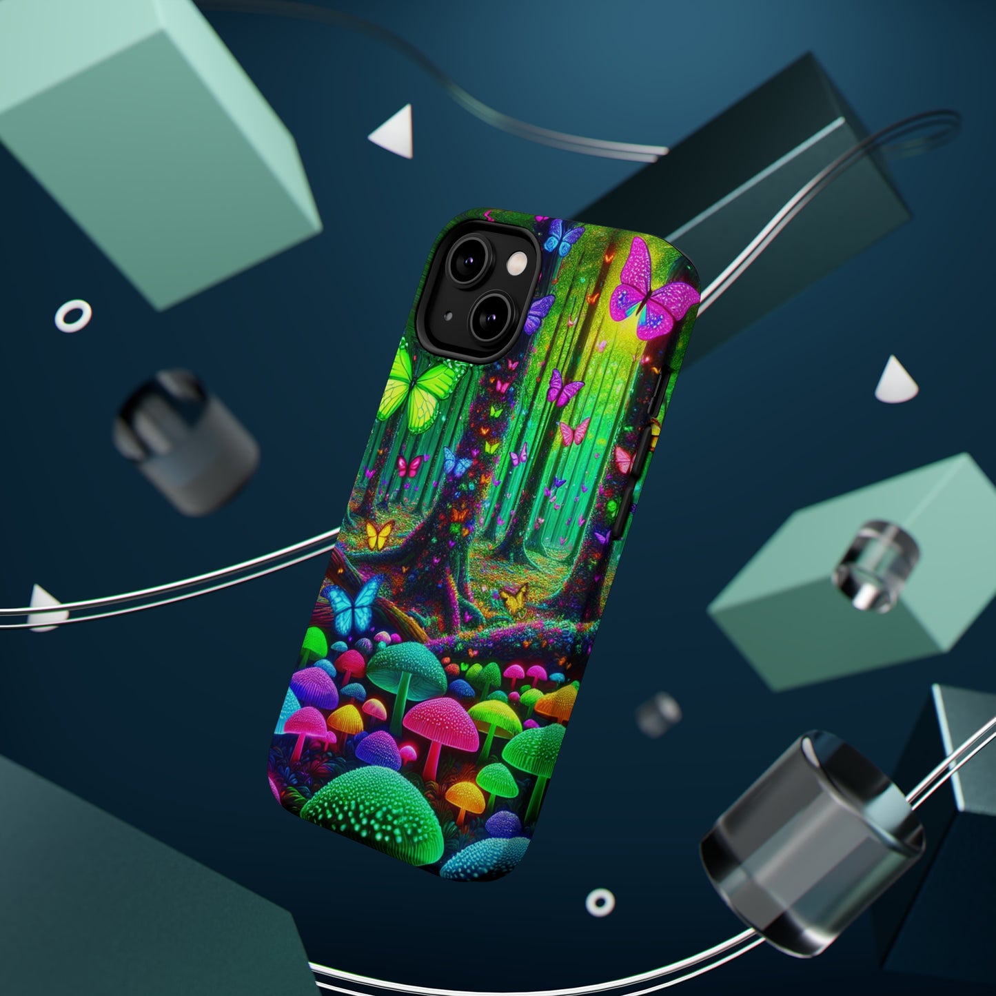 "Neon Garden Symphony". Neon Butterflies and Mushrooms Premium Art Magsafe Magnet Tough IPhone 13 14 15 Pro Plus Max and Mini in Matte and Glossy Phone cases