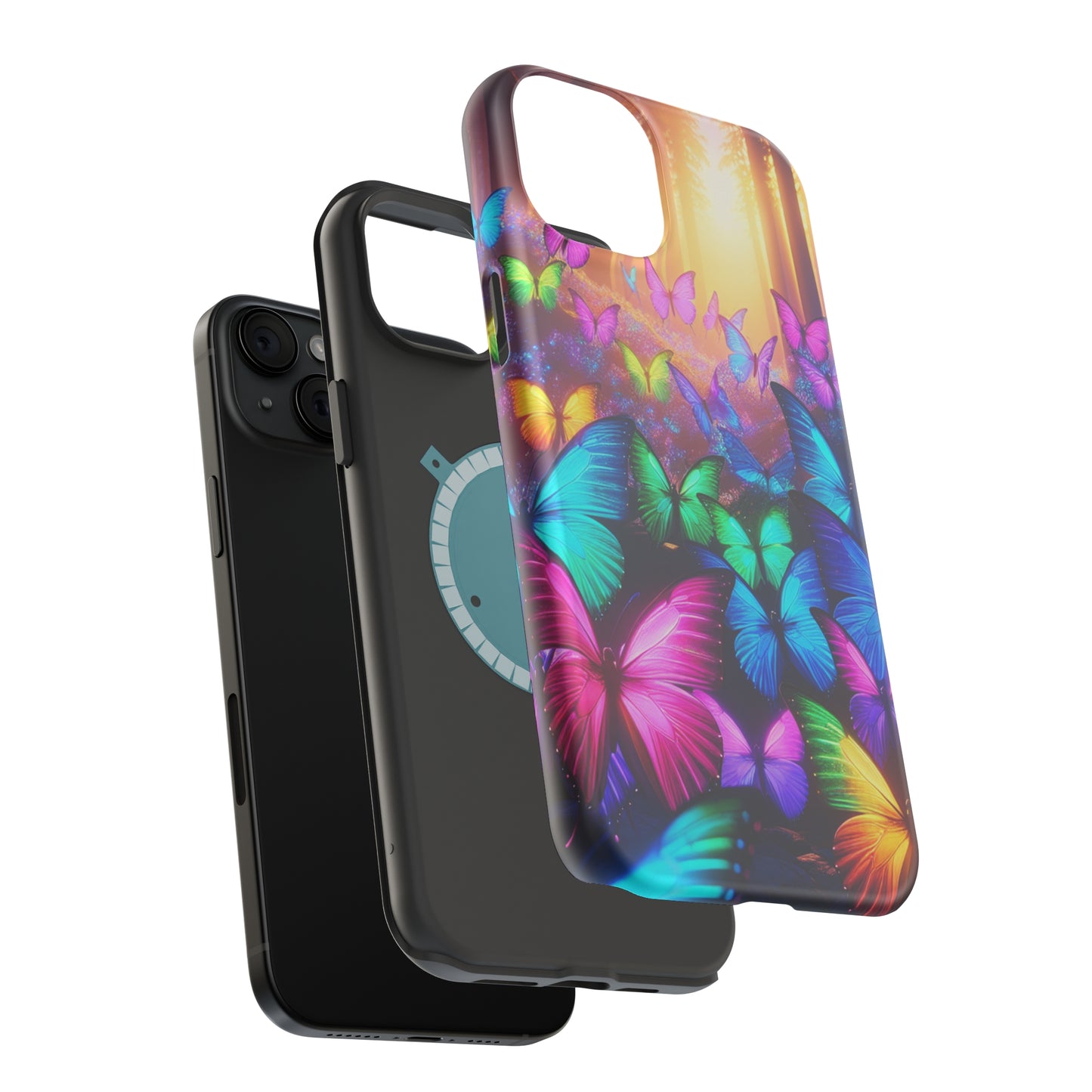 "Radiant Glowing Flight" Neon Butterflies Premium Art Magsafe Magnet Tough IPhone 13 14 15 Pro Plus Max and Mini in Matte and Glossy Phone cases