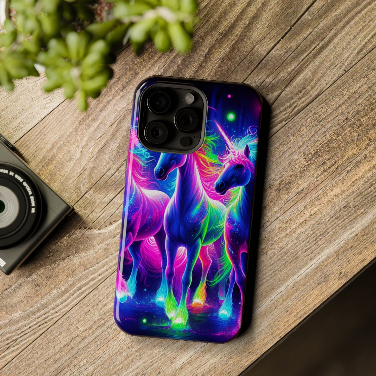 "Uni-Neon Fantasy" Neon Unicorns Premium Art Magsafe Magnet Tough IPhone 13 14 15 Pro Plus Max and Mini in Matte and Glossy Phone cases