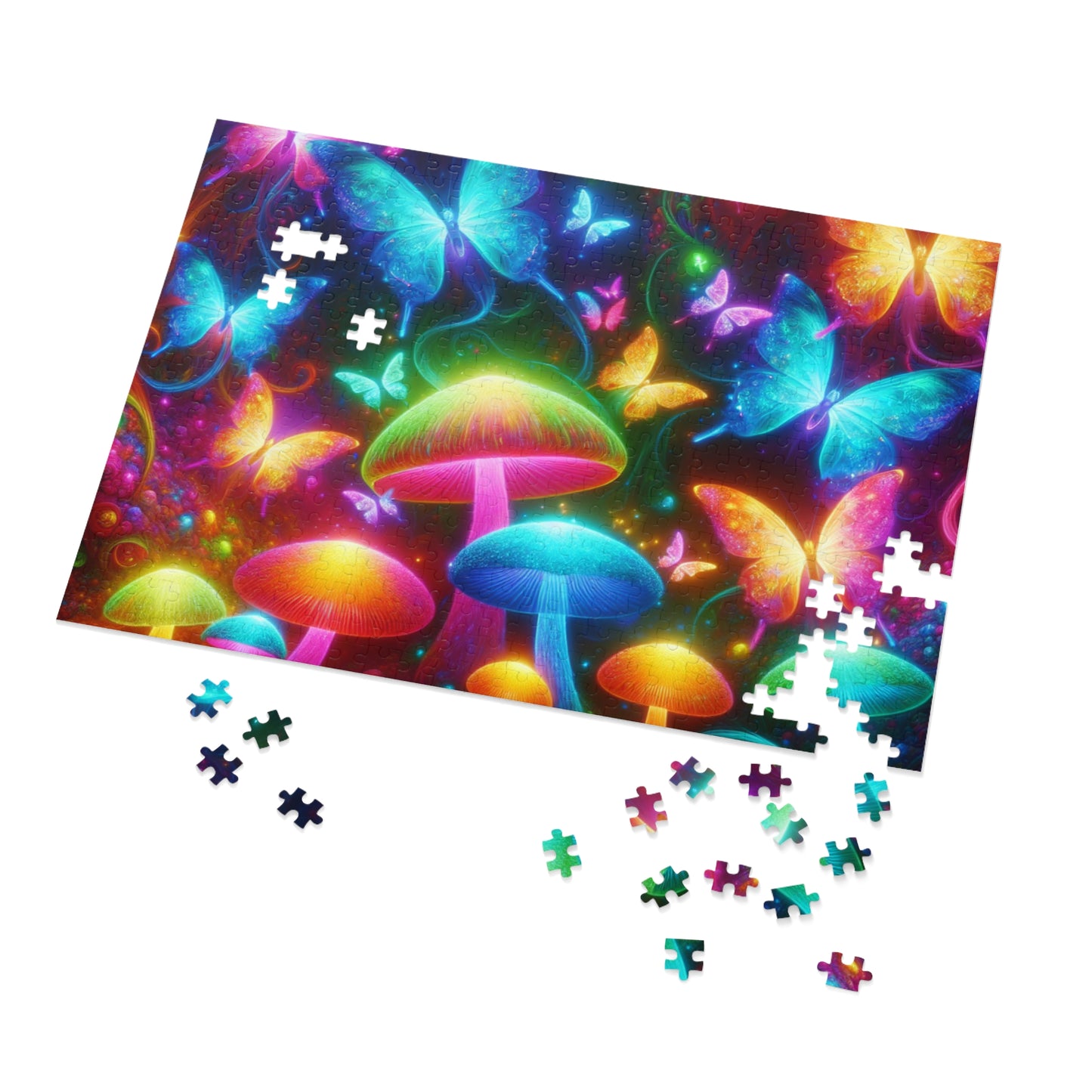 Neon Fluttergleam. - Neon Butterflies and Mushrooms Puzzle 30, 110, 252, and 1000 Pieces