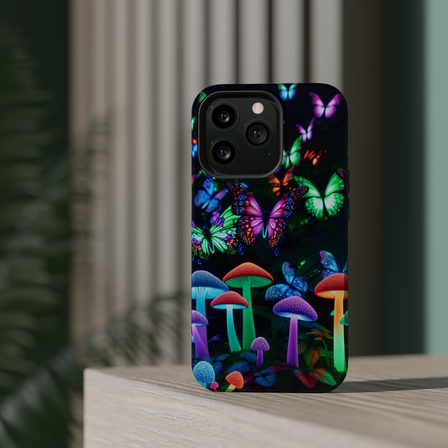 "Neon Burst Wonderland". Neon Butterflies and Mushrooms Premium Art Magsafe Magnet Tough IPhone 13 14 15 Pro Plus Max and Mini in Matte and Glossy Phone cases