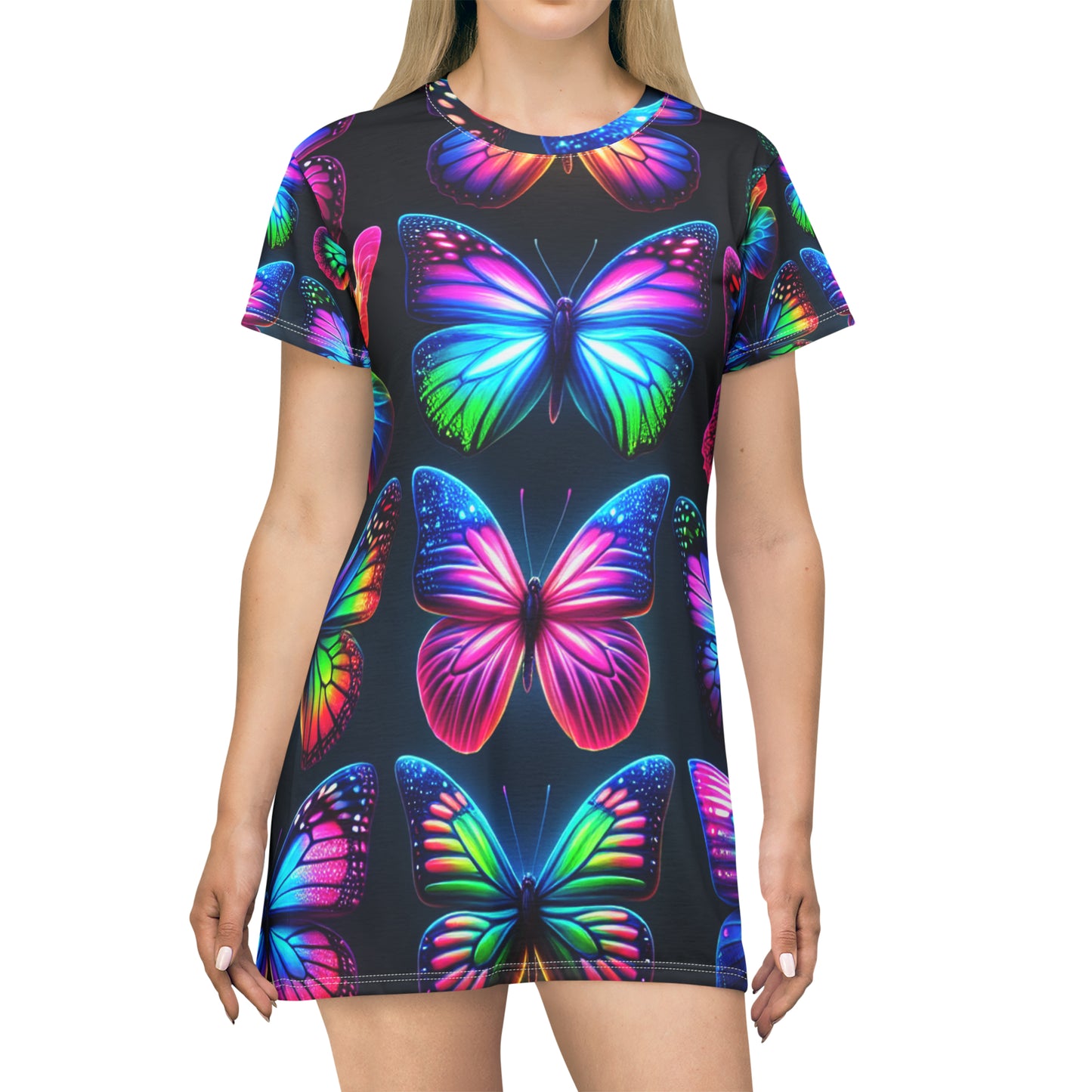 "Vivid Neon Flutter" Neon Butterflies Womans T Shirt Dress
