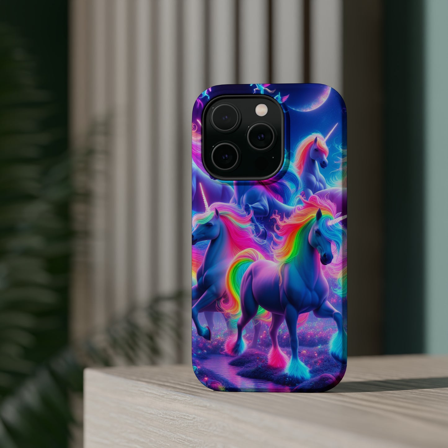 "Unicorn Prism" Neon Unicorns Premium Art Magsafe Magnet Tough IPhone 13 14 15 Pro Plus Max and Mini in Matte and Glossy Phone cases