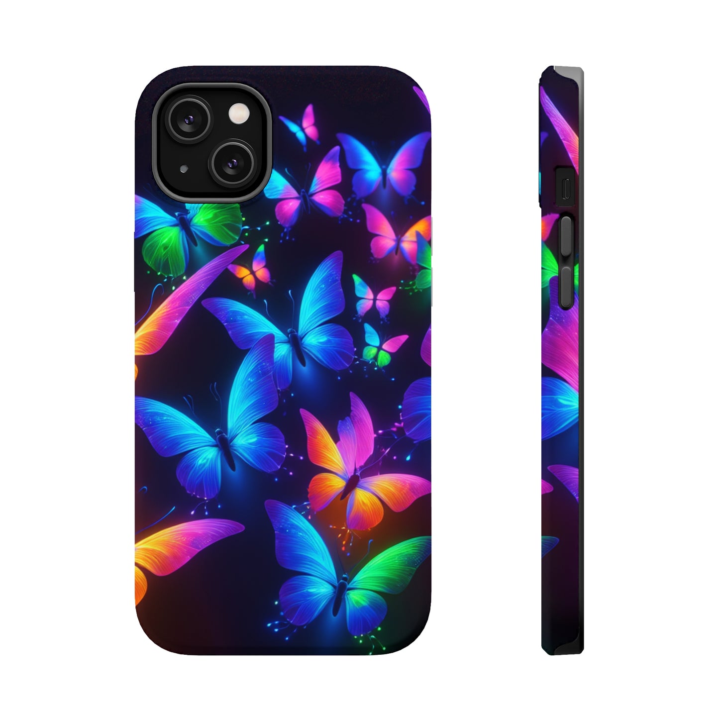 "Vibrant Neon Flutter" Neon Butterflies Premium Art Magsafe Magnet Tough IPhone 13 14 15 Pro Plus Max and Mini in Matte and Glossy Phone cases