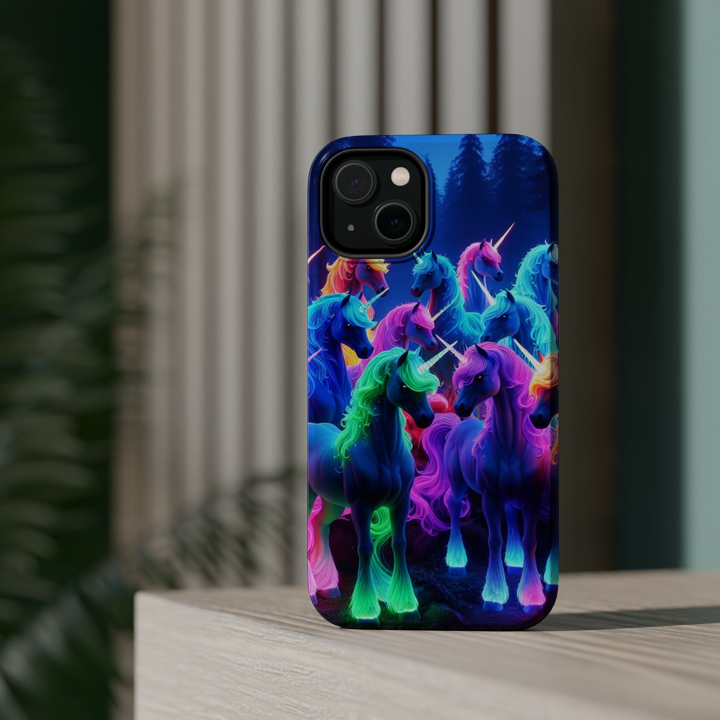 "Neon Fantasyland" Neon Unicorns Premium Art Magsafe Magnet Tough IPhone 13 14 15 Pro Plus Max and Mini in Matte and Glossy Phone cases