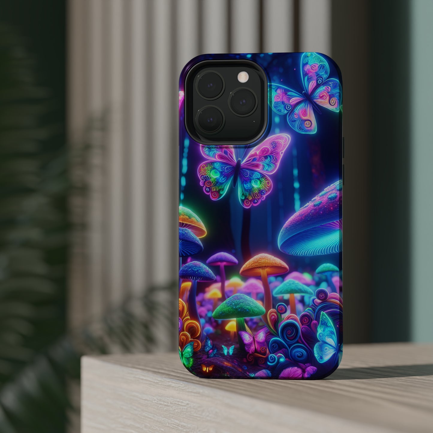 Neon Ecstasy. Neon Butterflies and Mushrooms Premium Art Magsafe Magnet Tough IPhone 13 14 15 Pro Plus Max and Mini in Matte and Glossy Phone cases