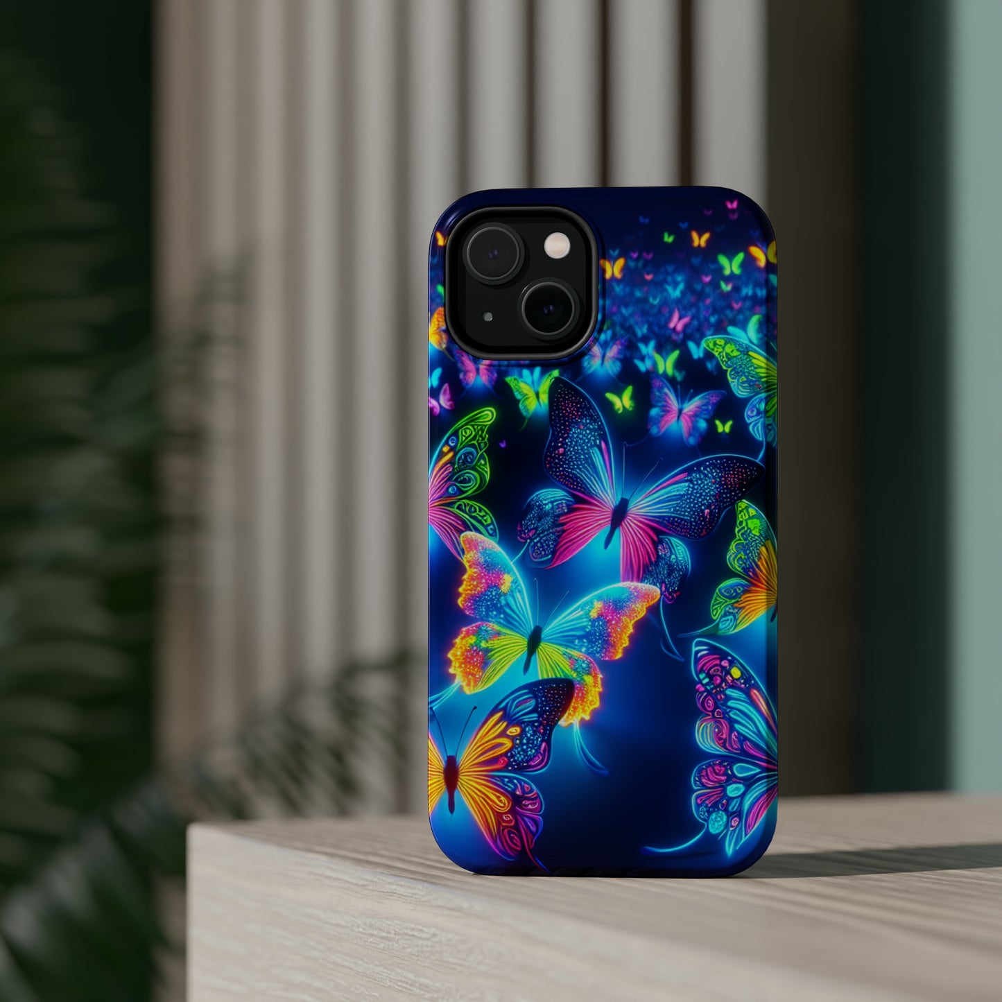 "Atmospheric Fluorescence" Neon Butterflies Premium Art Magsafe Magnet Tough IPhone 13 14 15 Pro Plus Max and Mini in Matte and Glossy Phone cases