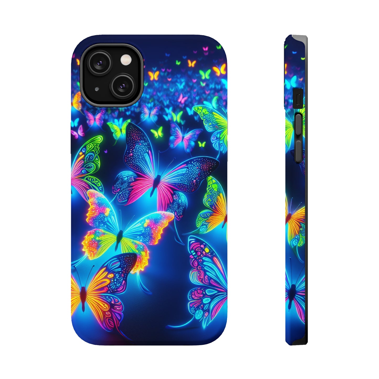 "Atmospheric Fluorescence" Neon Butterflies Premium Art Magsafe Magnet Tough IPhone 13 14 15 Pro Plus Max and Mini in Matte and Glossy Phone cases