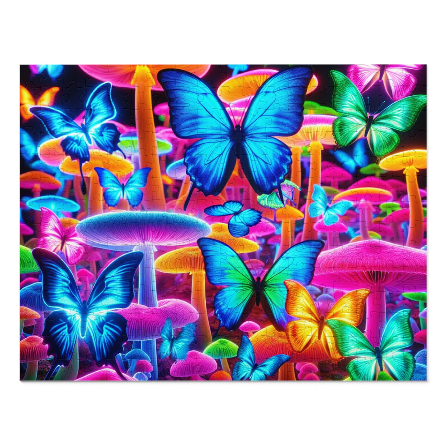 Neon Splendor. - Neon Butterflies and Mushrooms Puzzle 30, 110, 252, and 1000 Pieces