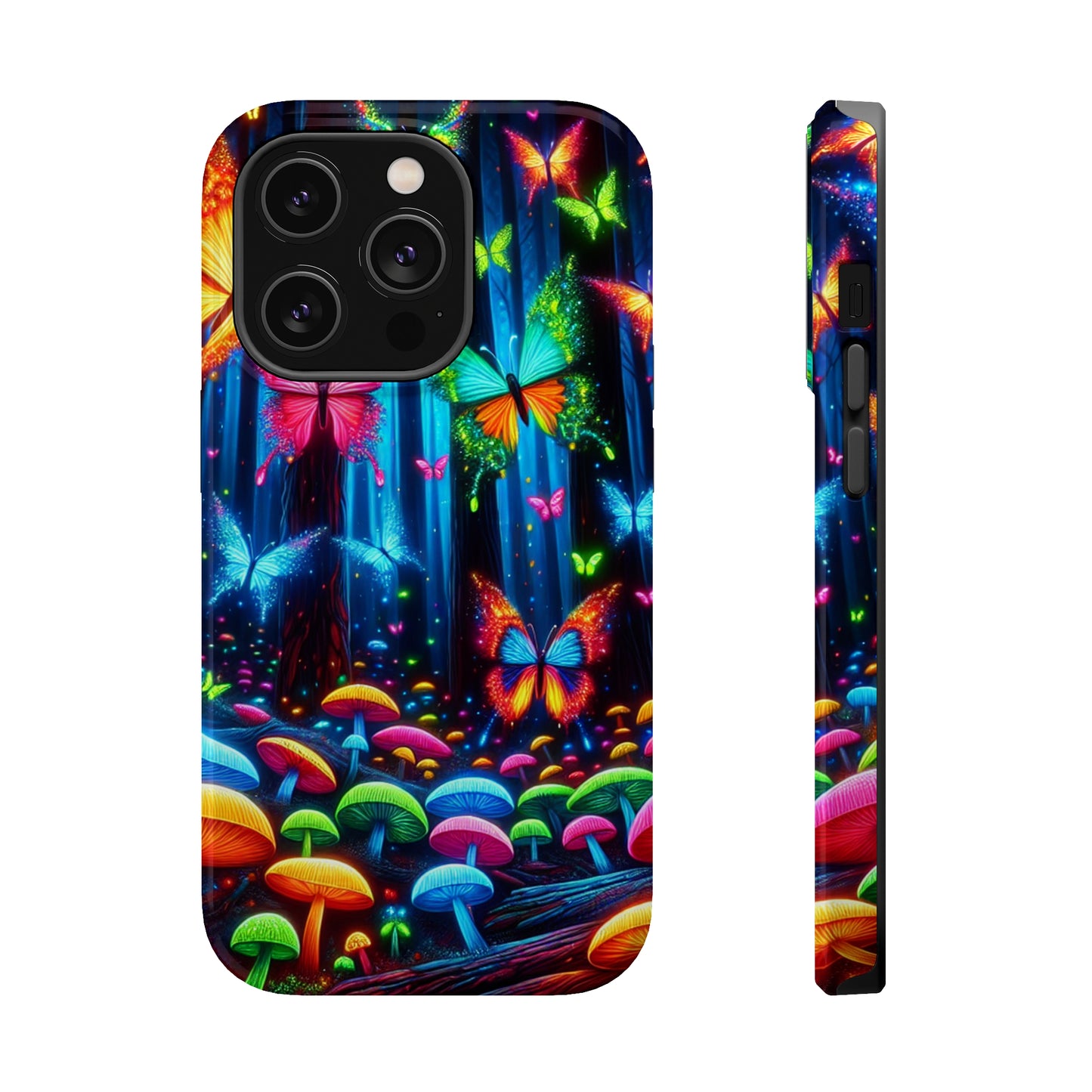 Neon Fantasia. Neon Butterflies and Mushrooms Premium Art Magsafe Magnet Tough IPhone 13 14 15 Pro Plus Max and Mini in Matte and Glossy Phone cases