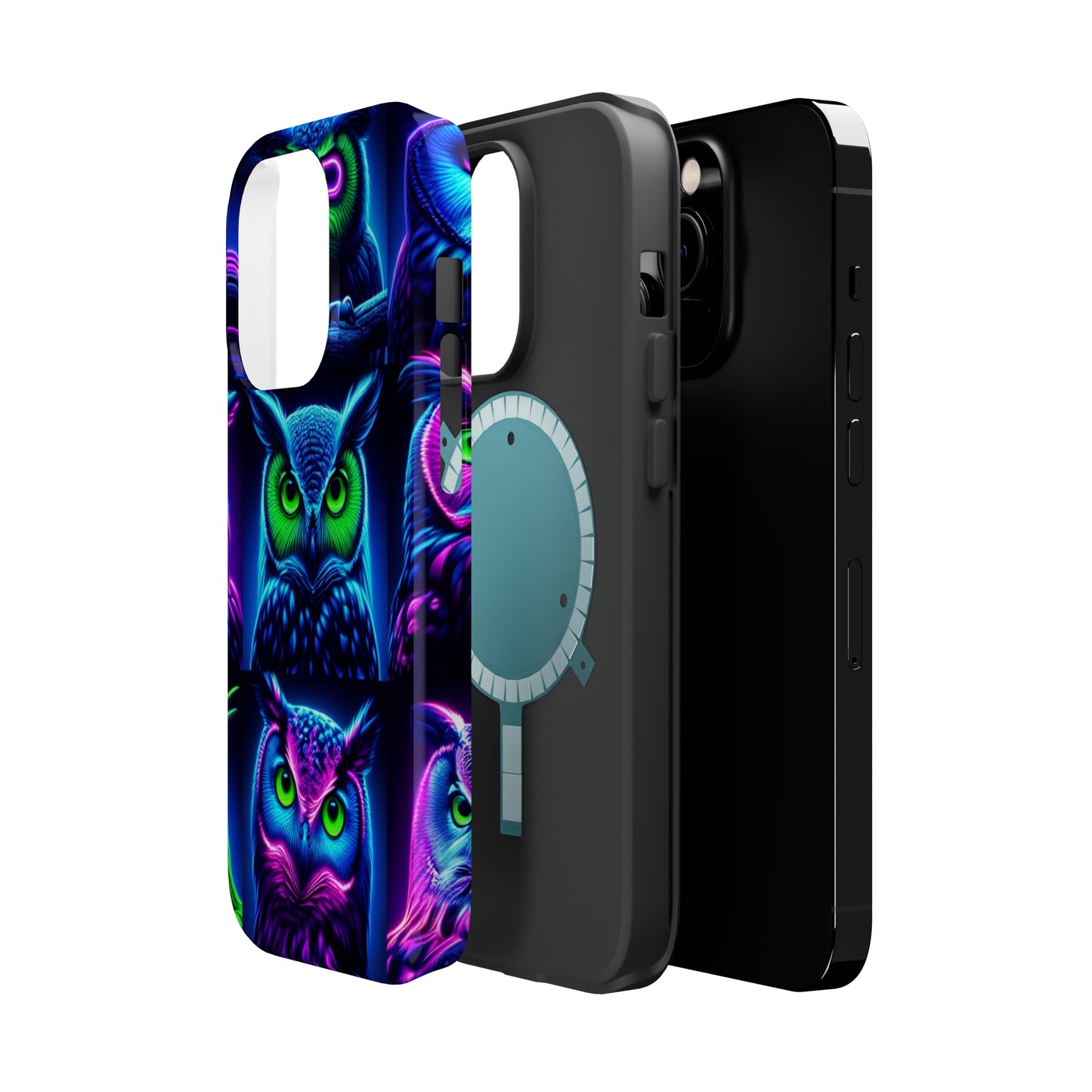 "Neon Nocturne" Neon Owls Premium Art Magsafe Magnet Tough IPhone 13 14 15 Pro Plus Max and Mini in Matte and Glossy Phone cases