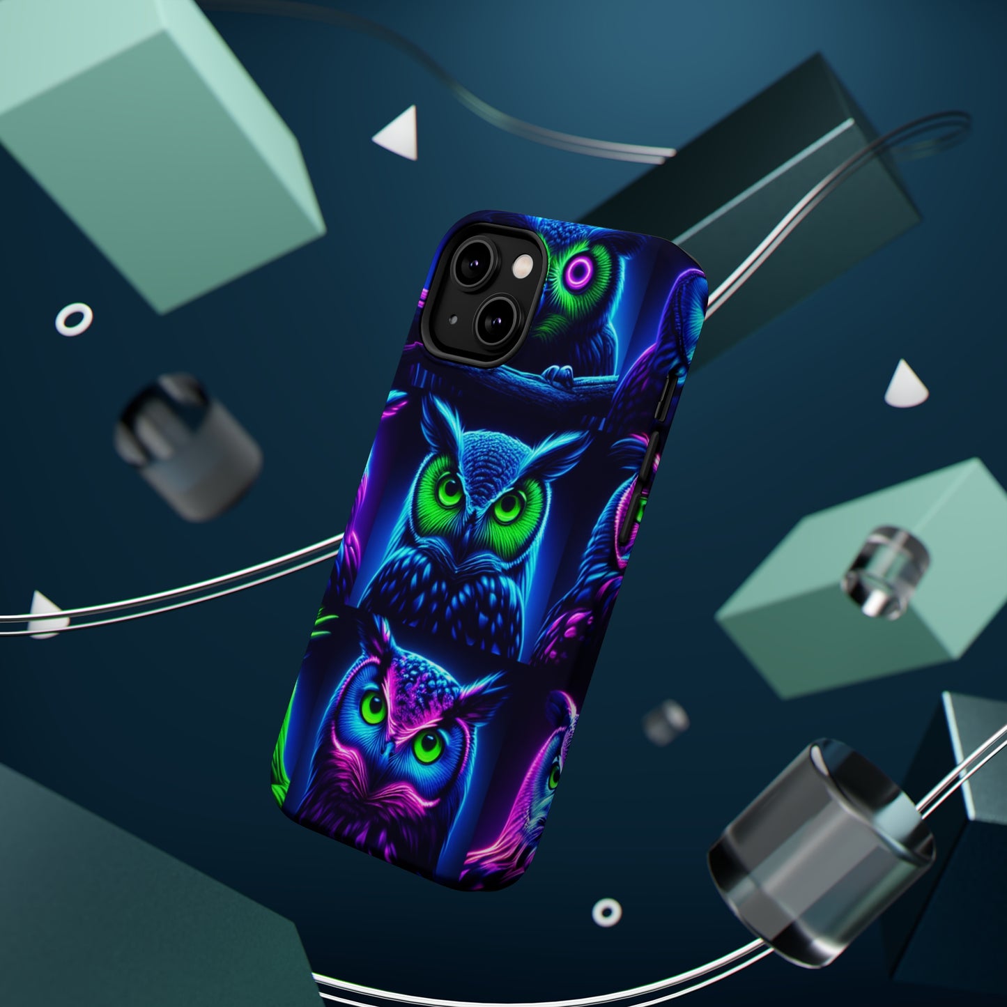 "Neon Nocturne" Neon Owls Premium Art Magsafe Magnet Tough IPhone 13 14 15 Pro Plus Max and Mini in Matte and Glossy Phone cases