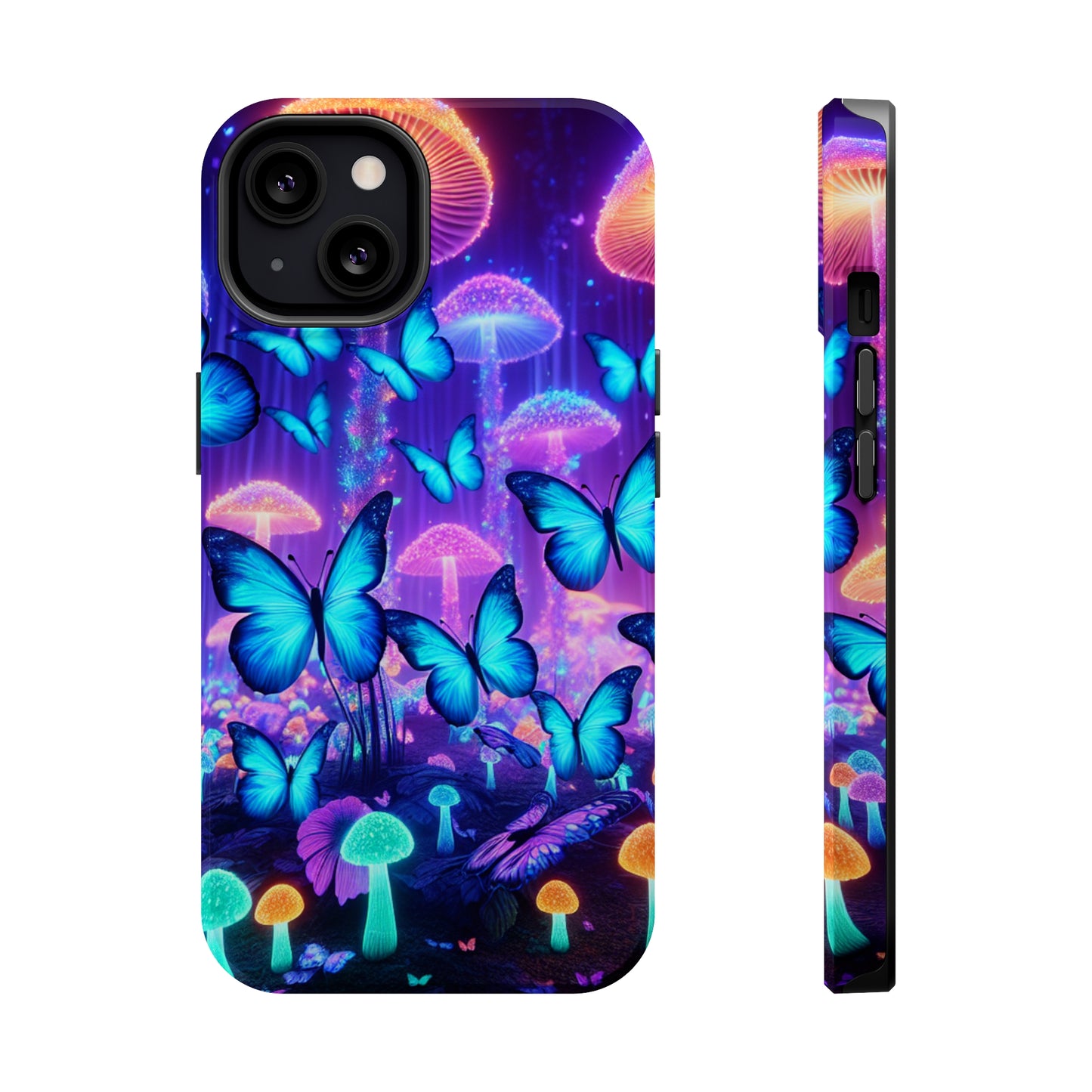 Neon Delight Landscape Neon Butterflies and Mushrooms Premium Art Magsafe Magnet Tough IPhone 13 14 15 Pro Plus Max and Mini in Matte and Glossy Phone cases