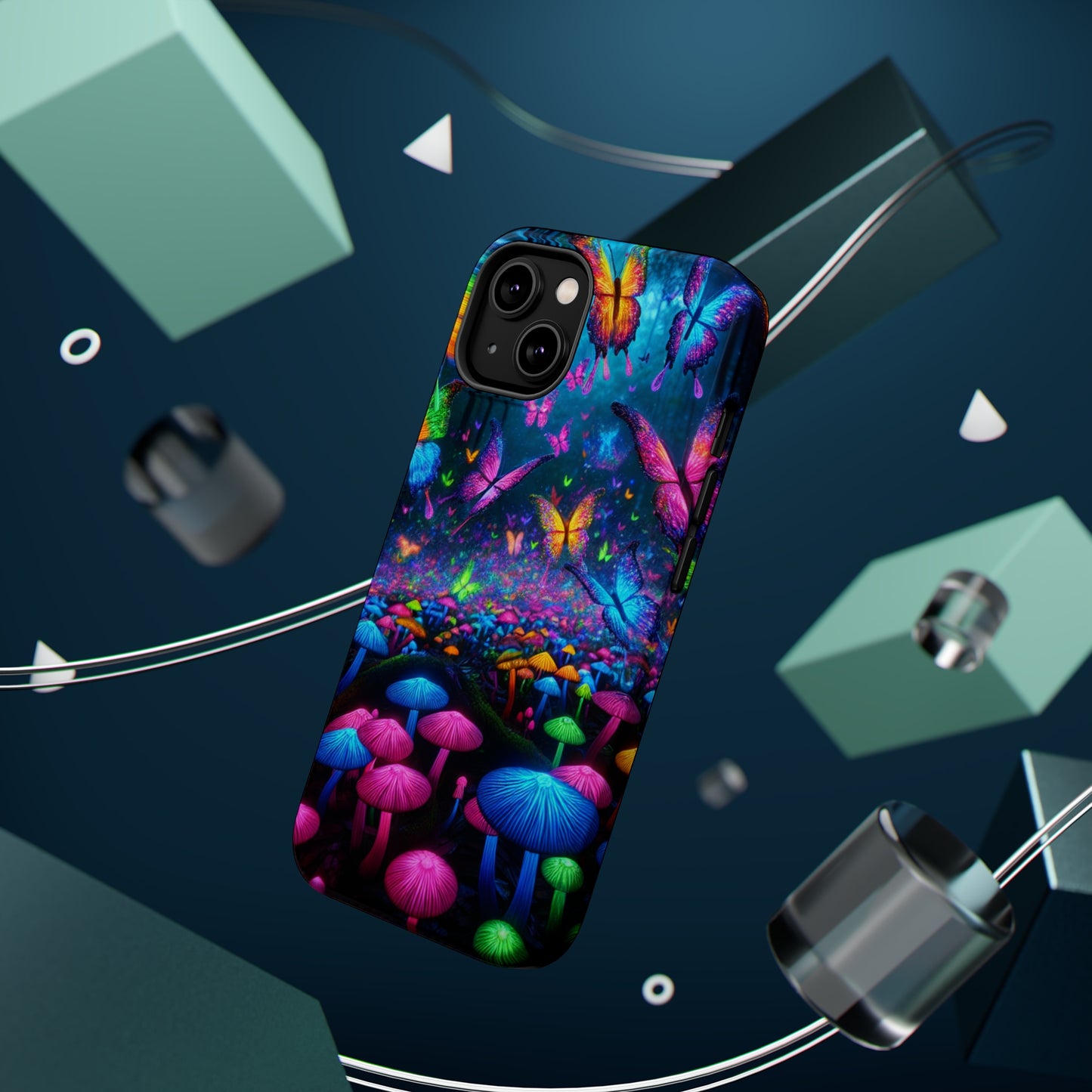 Neon Fruition Neon Butterflies and Mushrooms Premium Art Magsafe Magnet Tough IPhone 13 14 15 Pro Plus Max and Mini in Matte and Glossy Phone cases