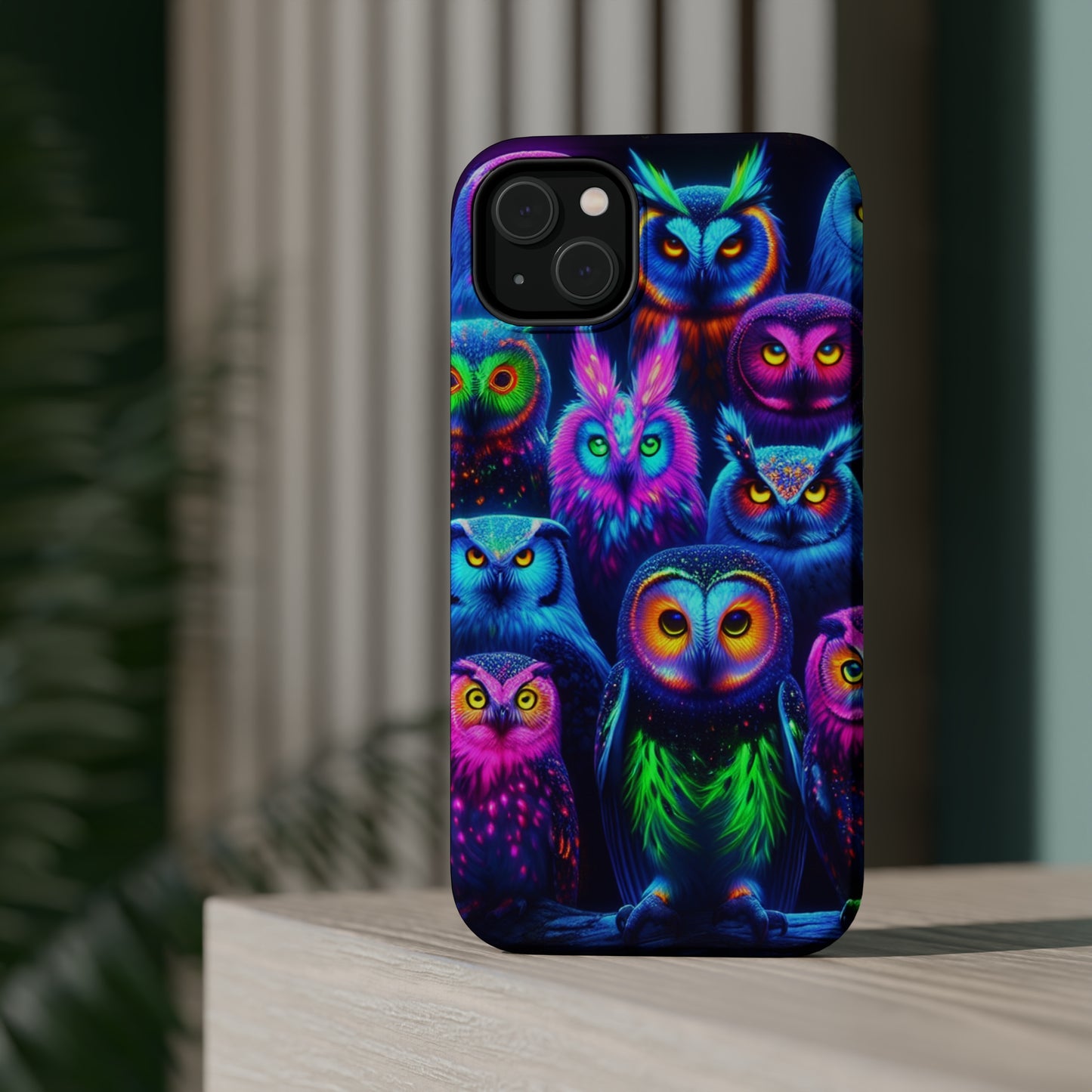 Neon Nocturnal Nook Neon Owls Premium Art Magsafe Magnet Tough IPhone 13 14 15 Pro Plus Max and Mini in Matte and Glossy Phone cases