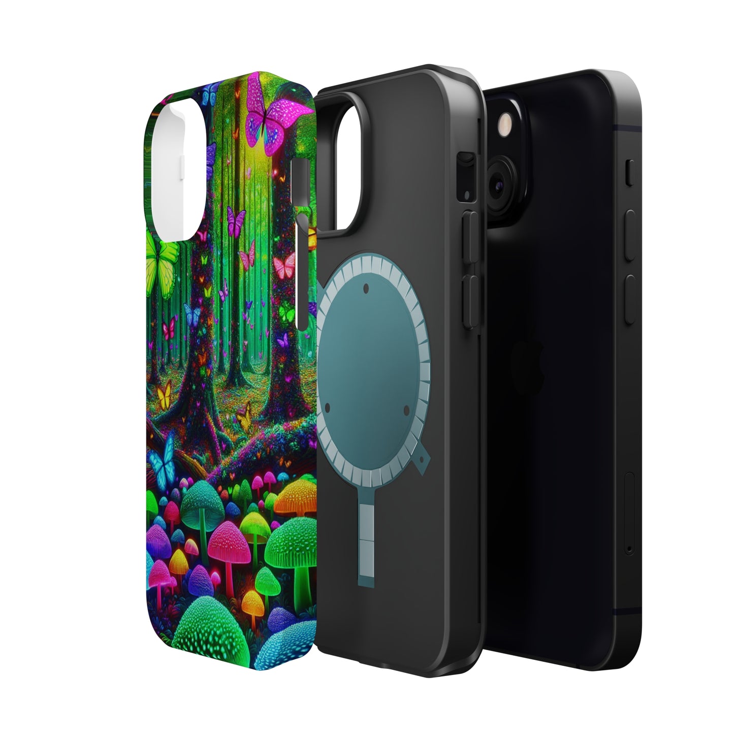 "Neon Garden Symphony". Neon Butterflies and Mushrooms Premium Art Magsafe Magnet Tough IPhone 13 14 15 Pro Plus Max and Mini in Matte and Glossy Phone cases