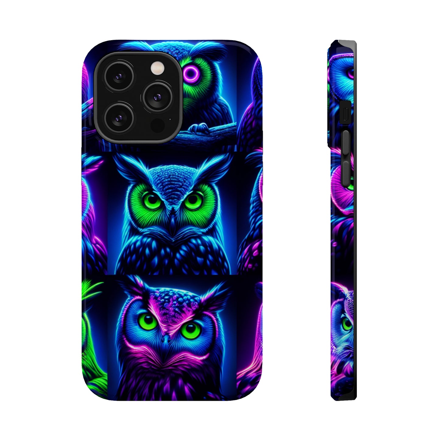 "Neon Nocturne" Neon Owls Premium Art Magsafe Magnet Tough IPhone 13 14 15 Pro Plus Max and Mini in Matte and Glossy Phone cases