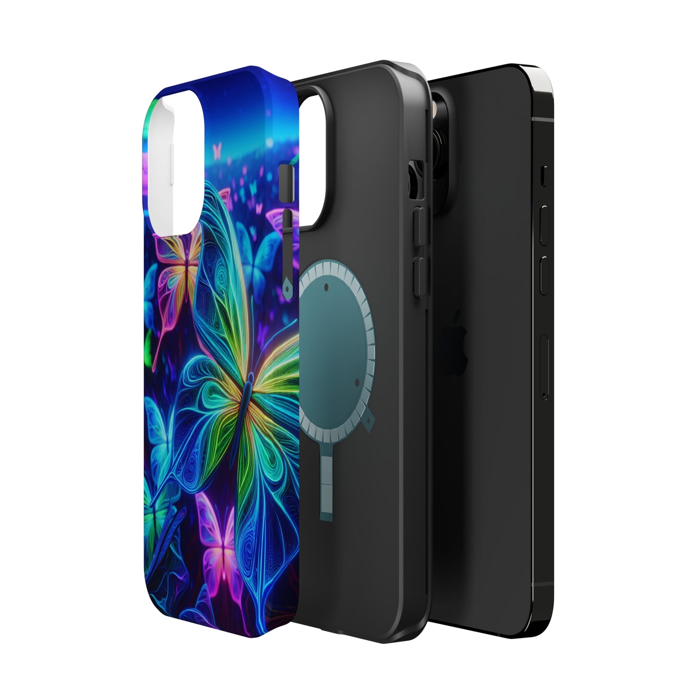 'Serene Spectacle of Neon Butterflies' Neon Butterflies Premium Art Magsafe Magnet Tough IPhone 13 14 15 Pro Plus Max and Mini in Matte and Glossy Phone cases