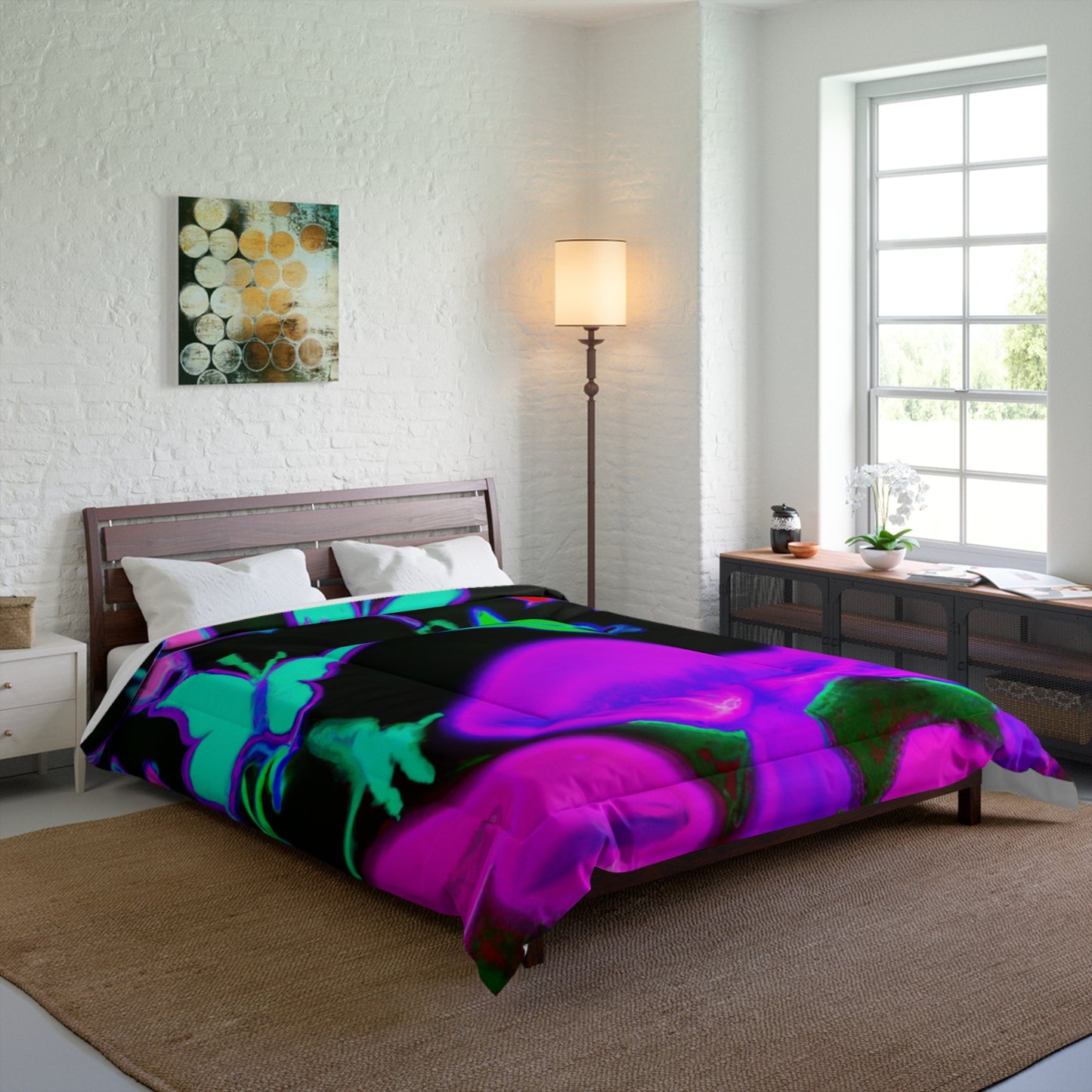 Neon Prismatic Splendor. Butterflies & Mushrooms Comforter Blanket
